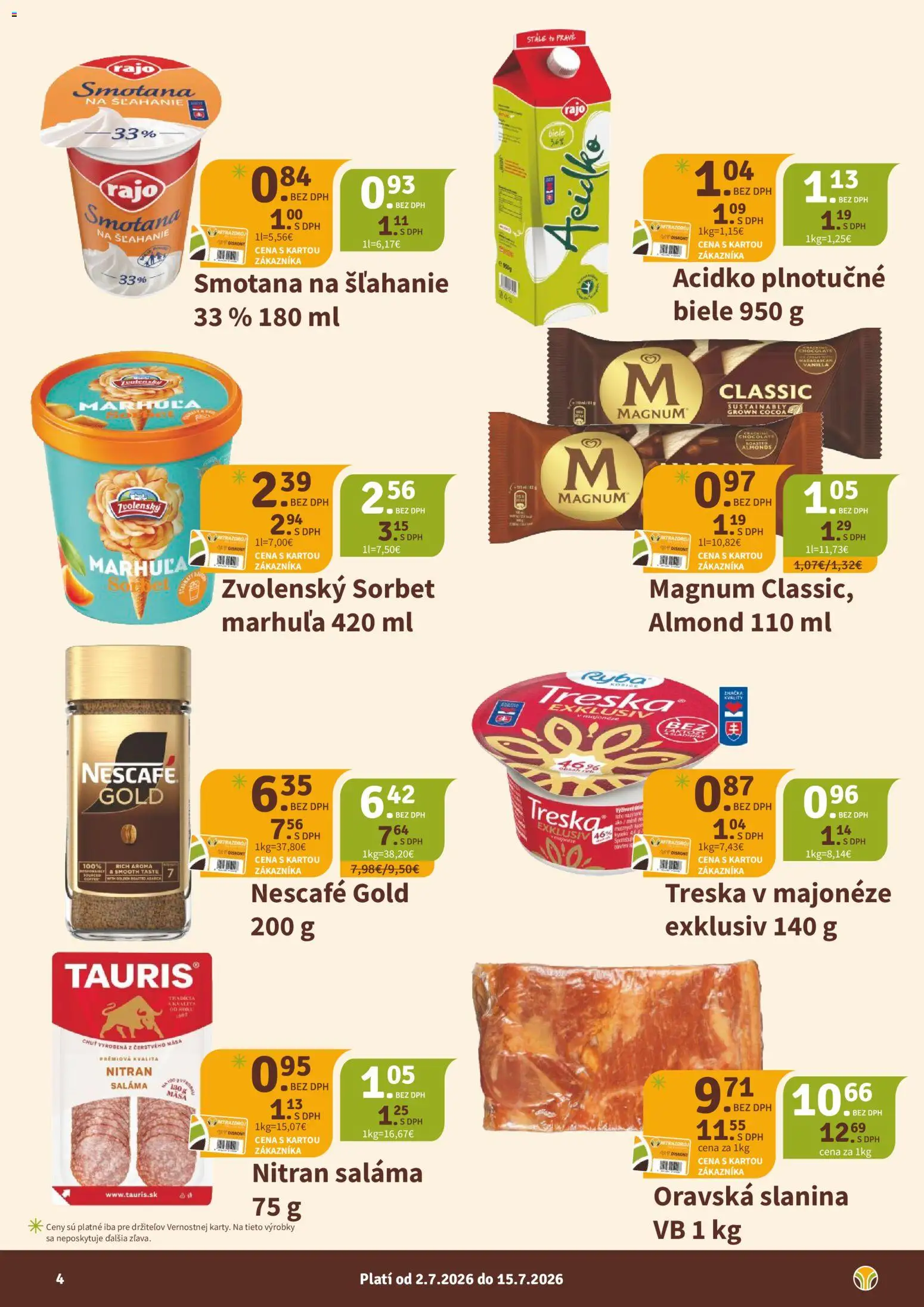 Nové Nitrazdroj akcie – leták je platný od 02.07.2026 | Strana: 4 | Produkty: Saláma, Sorbet, Ryba, Smotana na šľahanie