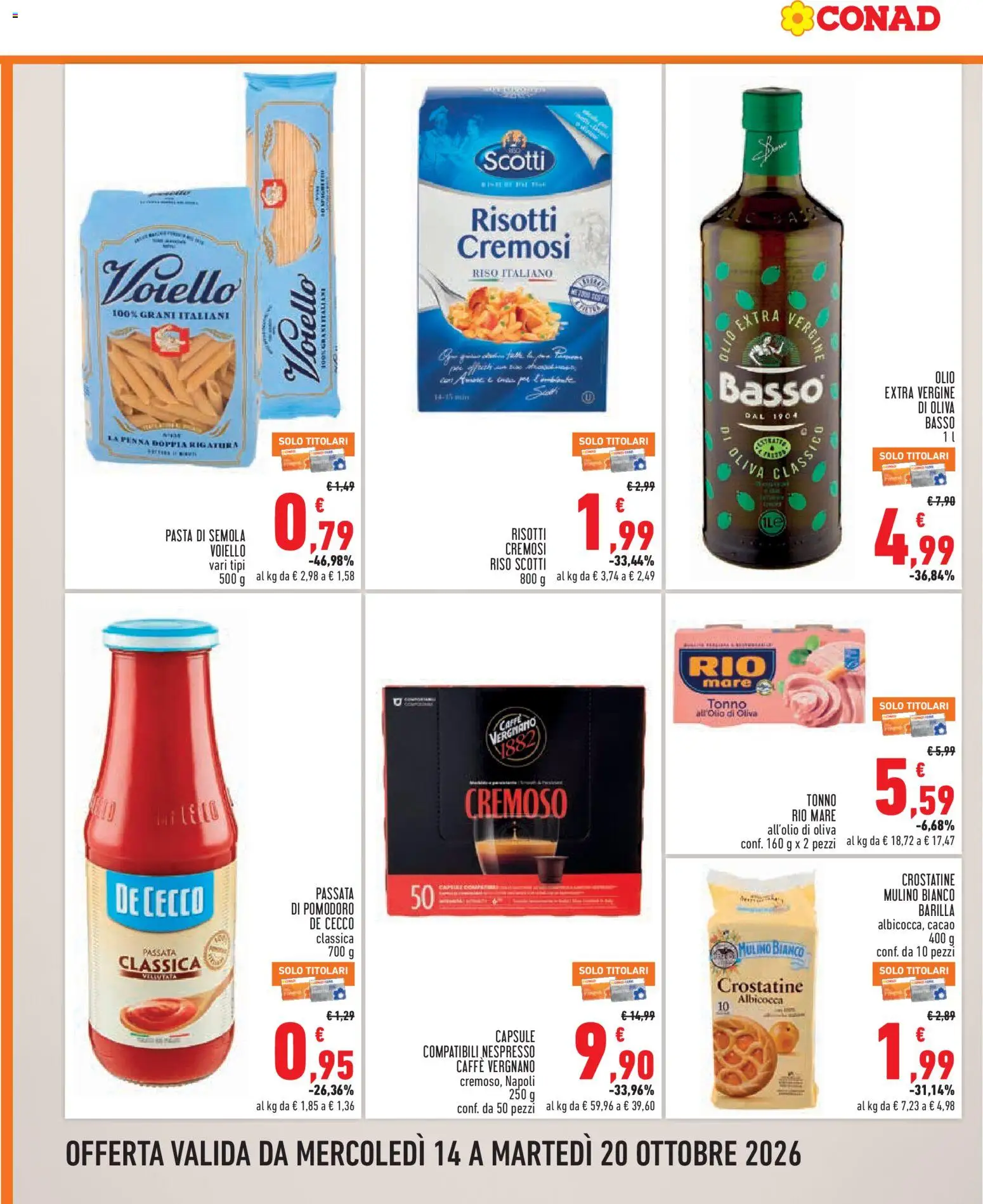 Volantino Conad del 14/10/2026 | Pagina: 6 | Prodotti: Pomodoro, Olio extra vergine, Cacao, Semola