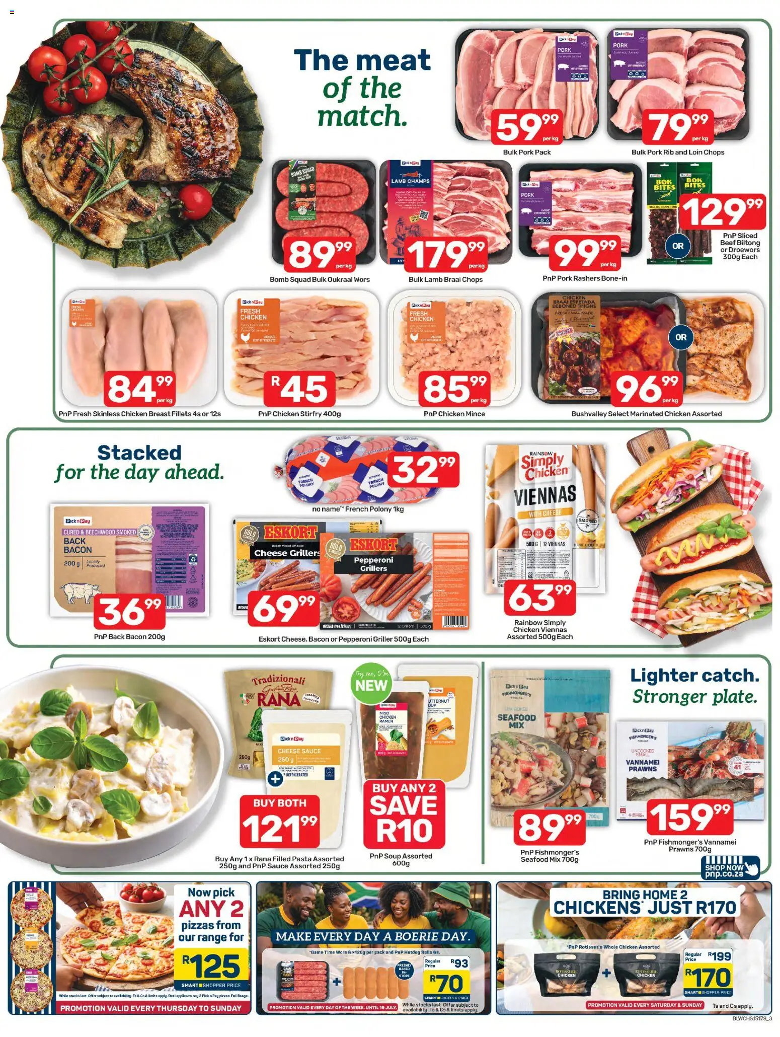 New Pick n Pay catalogue – valid from 13/07/2026 | Page: 3 | Products: Pork, Pasta, Sauce, Bacon