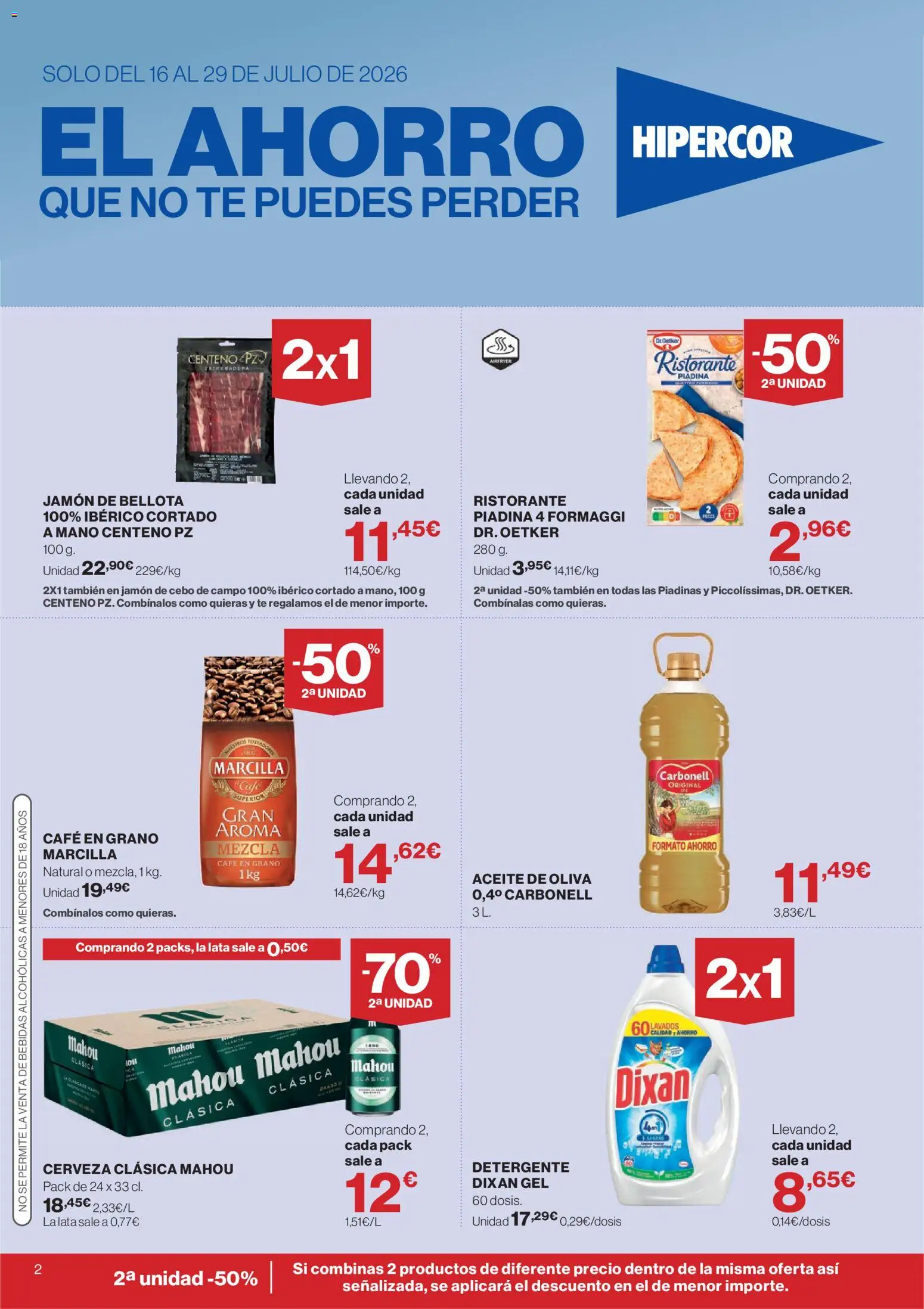 Hipercor catálogo │ válido desde el 16/07/2026 | Página: 2 | Productos: Detergente, Λάστιχο, Cerveza, Café en grano