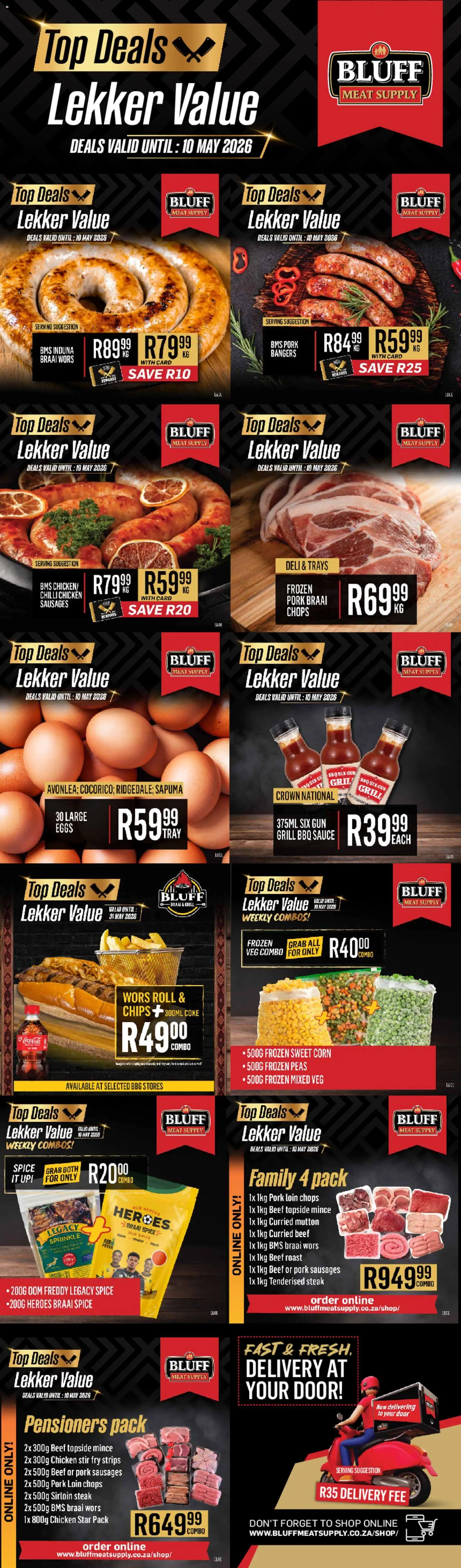 New Bluff Meat Supply catalogue – valid from 04.05.2026 | Page: 1 | Products: Steak, Coke, Eggs, Chips