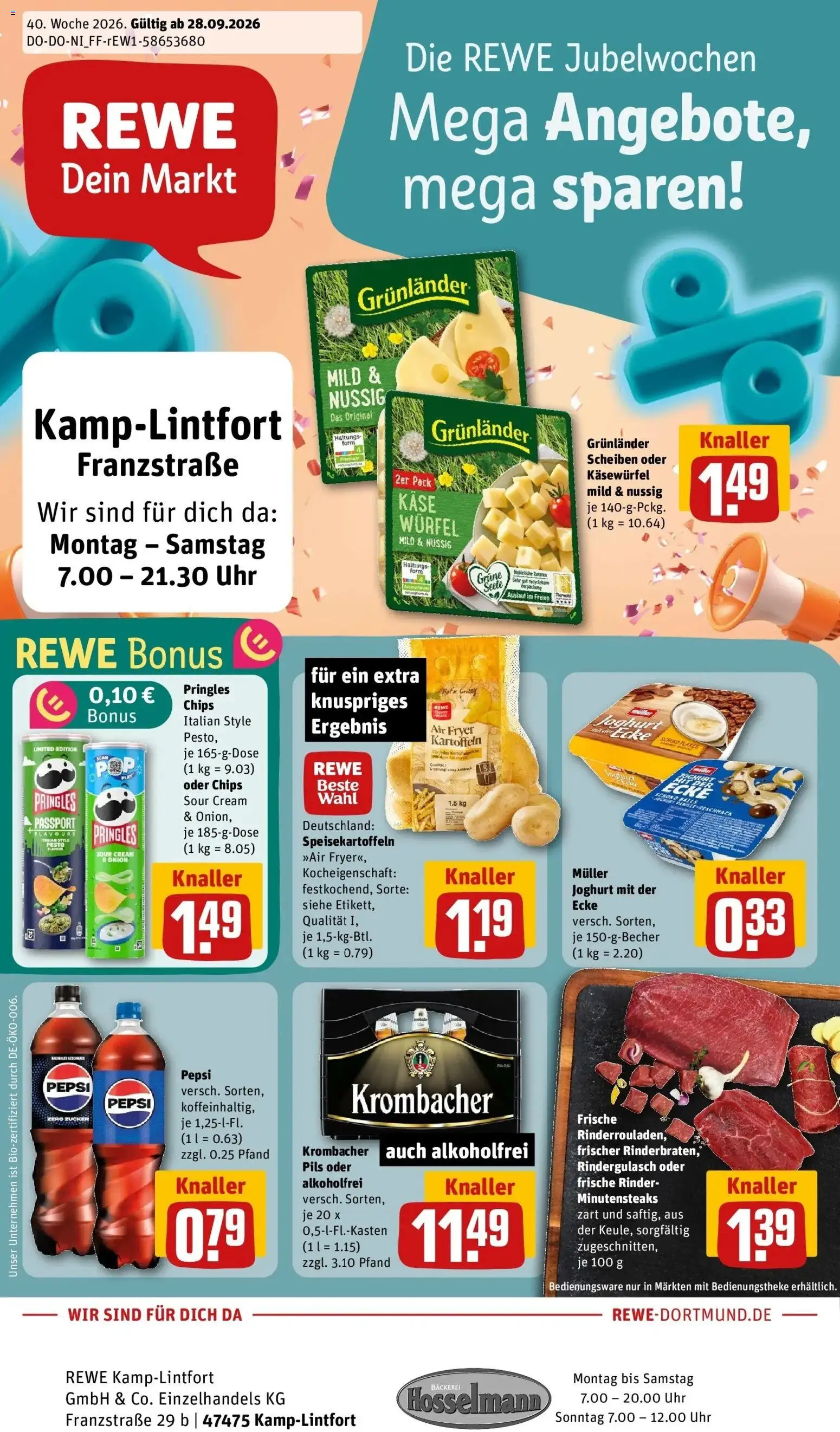 REWE Prospekt ab 28.09.2026 zum Blättern » Angebote | Seite: 1 | Produkte: Rindergulasch, Krombacher, Pepsi, Chips