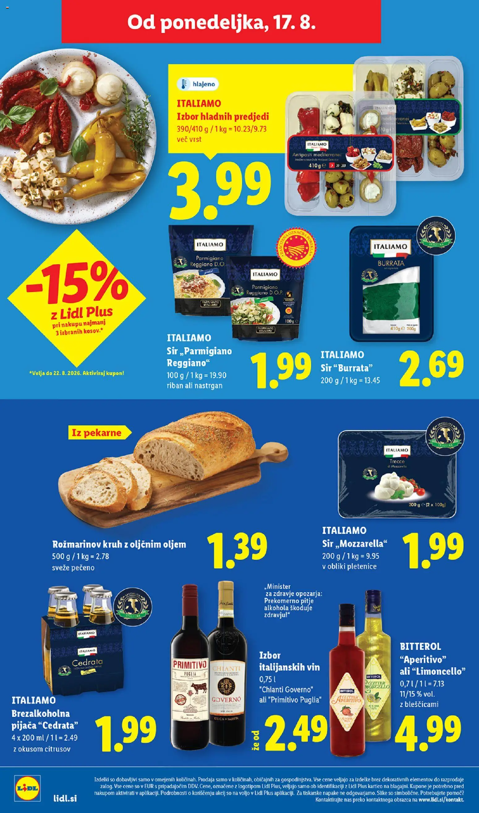 Novi Lidl katalog ponudbe – veljaven od 13.08.2026 | Stran: 46 | Izdelki: Mozzarella, Olive, Kruh, Bitterol