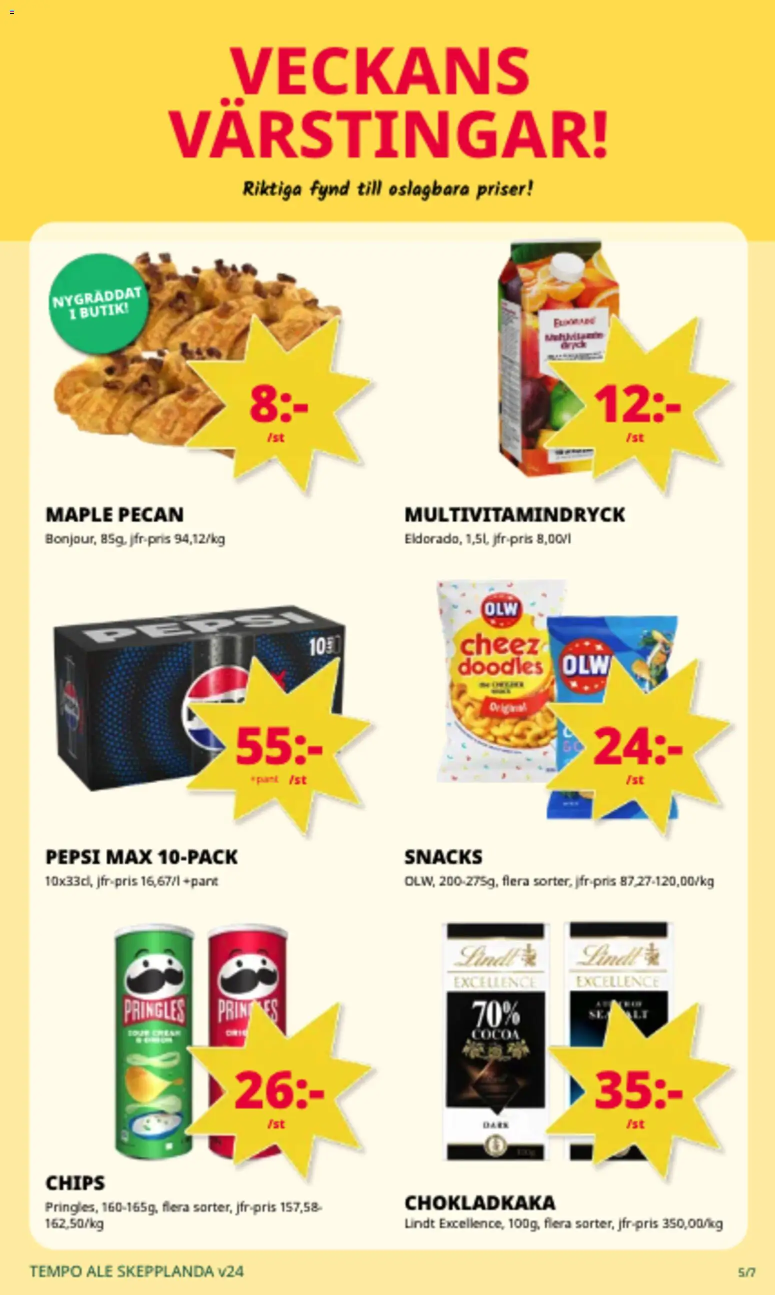 Tempo reklamblad aktuell från 08.06.2026 | Sida: 5 | Produkter: Pringles, Chokladkaka, Chips, Pepsi
