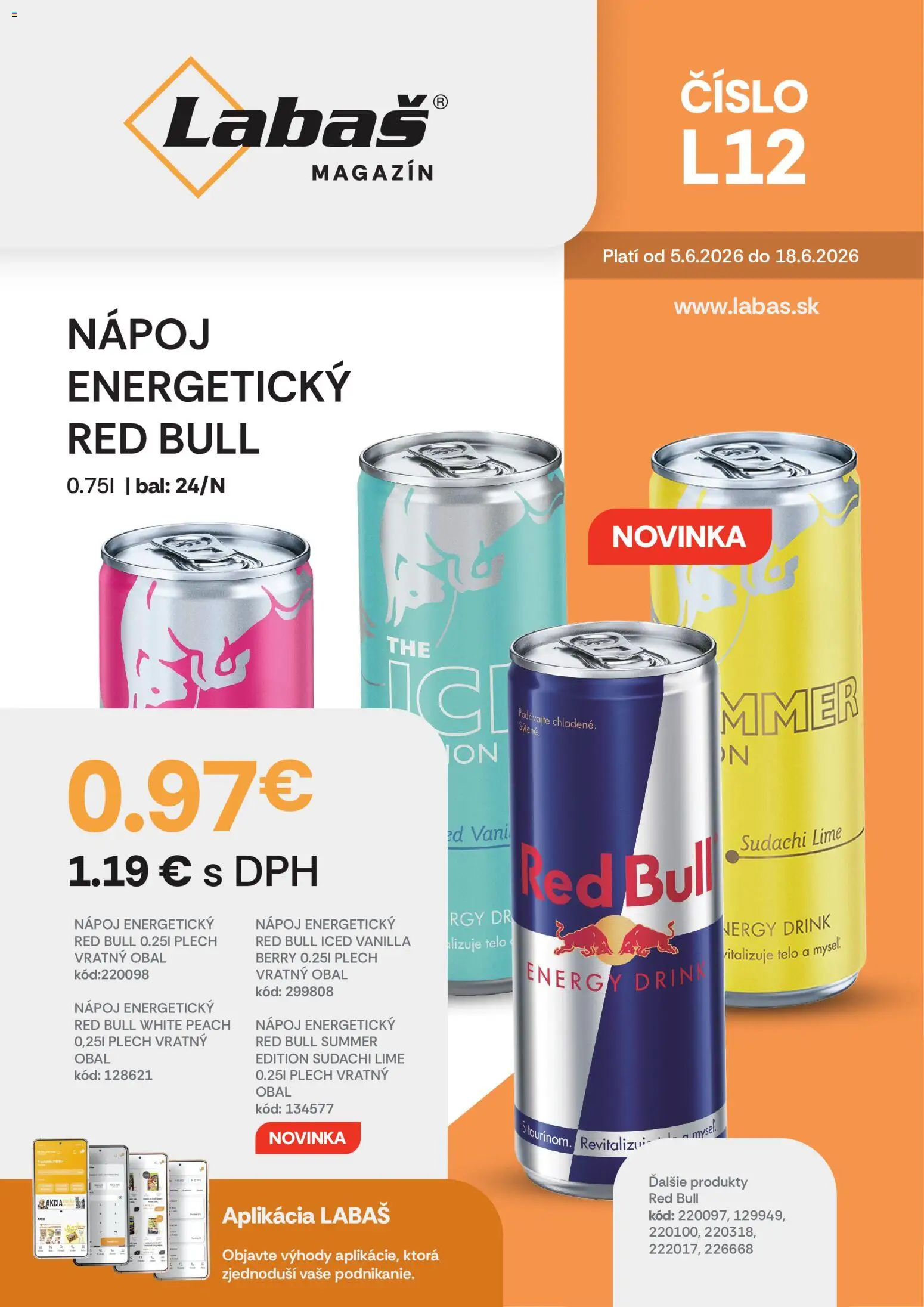 Nové Labaš akcie – leták je platný od 05.06.2026 | Strana: 40 | Produkty: Red Bull, Energetický nápoj