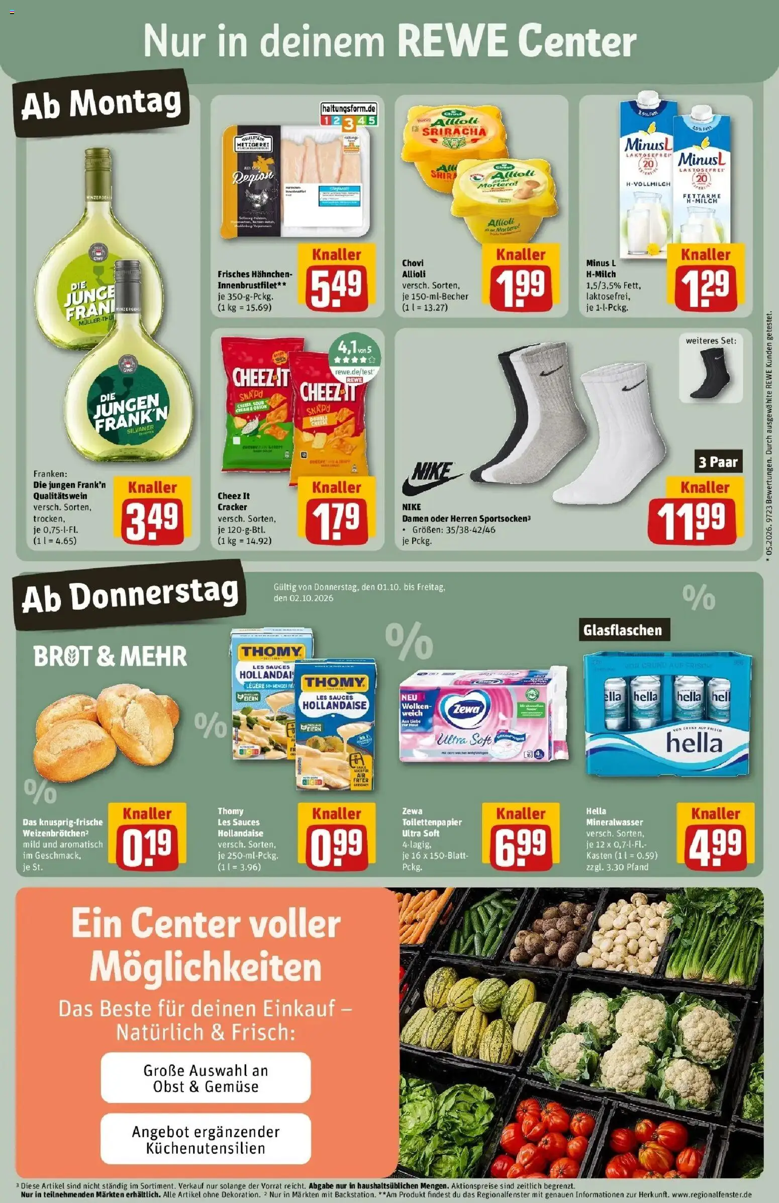 REWE Prospekt ab 28.09.2026 zum Blättern » Angebote | Seite: 5 | Produkte: Hahnchen, Milch, Brot, Toilettenpapier