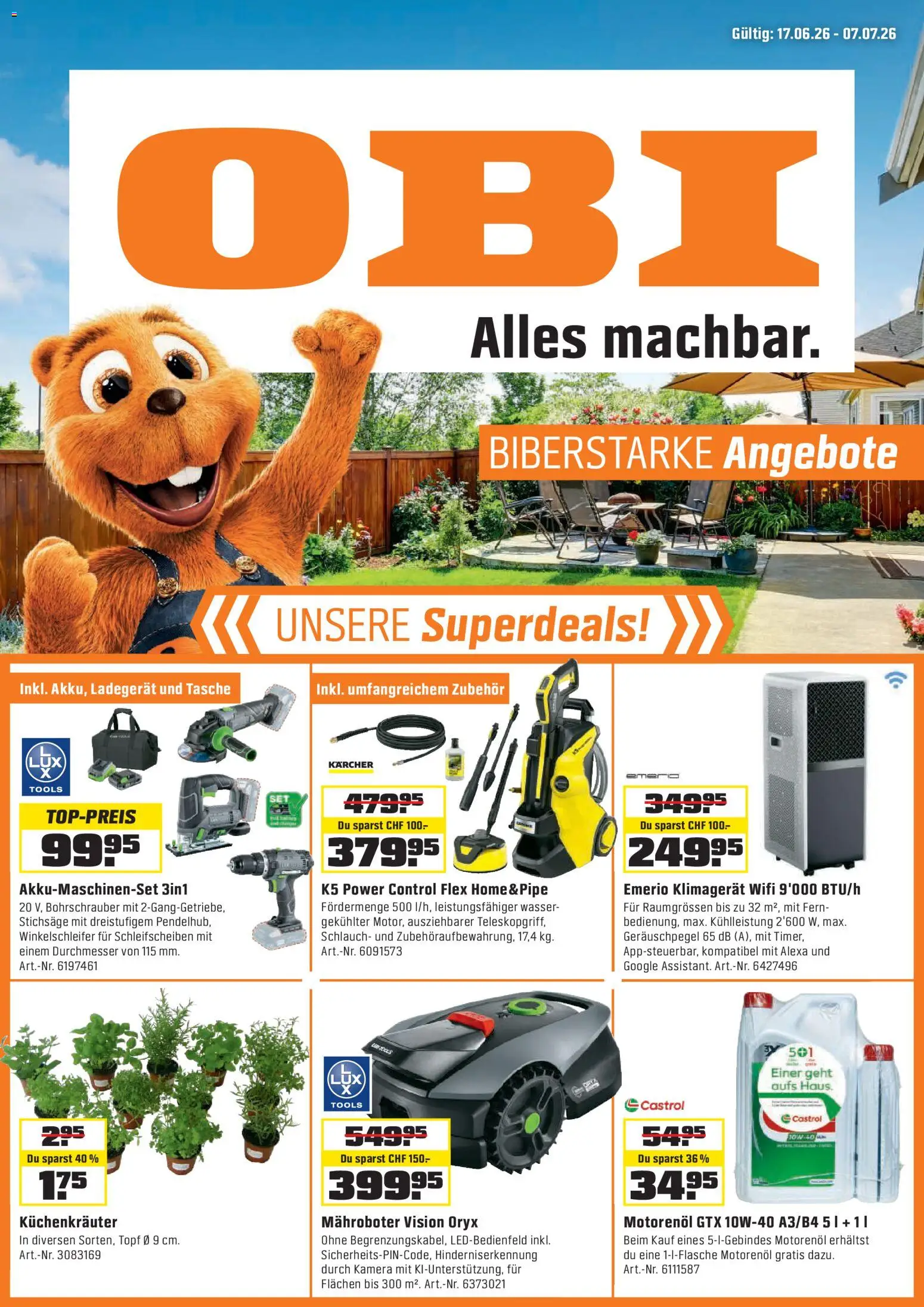 OBI - ALLES MACHBAR. BIBERSTARKE ANGEBOTE. – gültig ab 16.06.2026 | Seite: 1 | Produkte: Klimagerät, Wasser, Kamera, Ladegerät