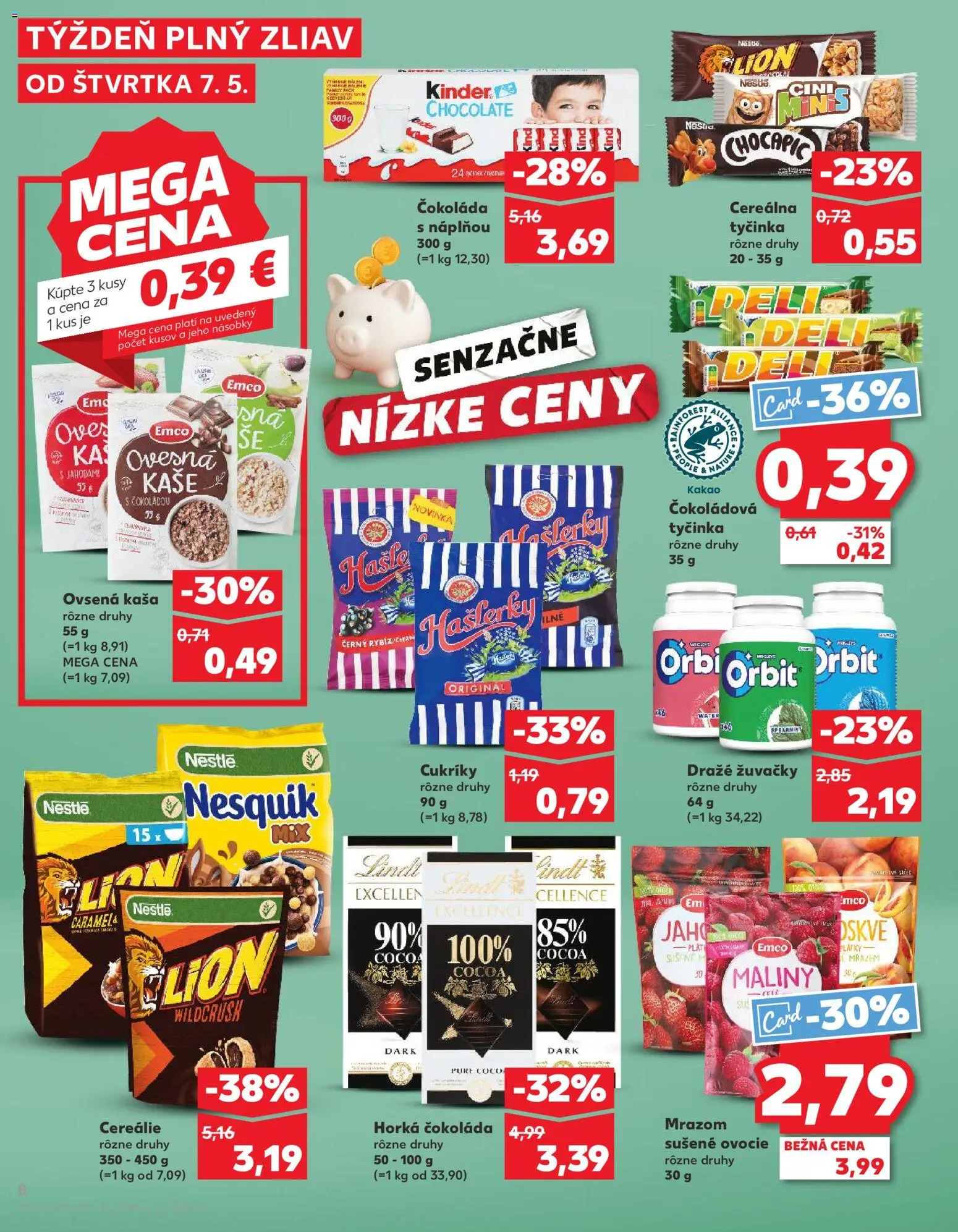 Nové Kaufland akcie – leták je platný od 07.05.2026 | Strana: 8 | Produkty: Lindt, Cereálie, Kakao, Ovocie