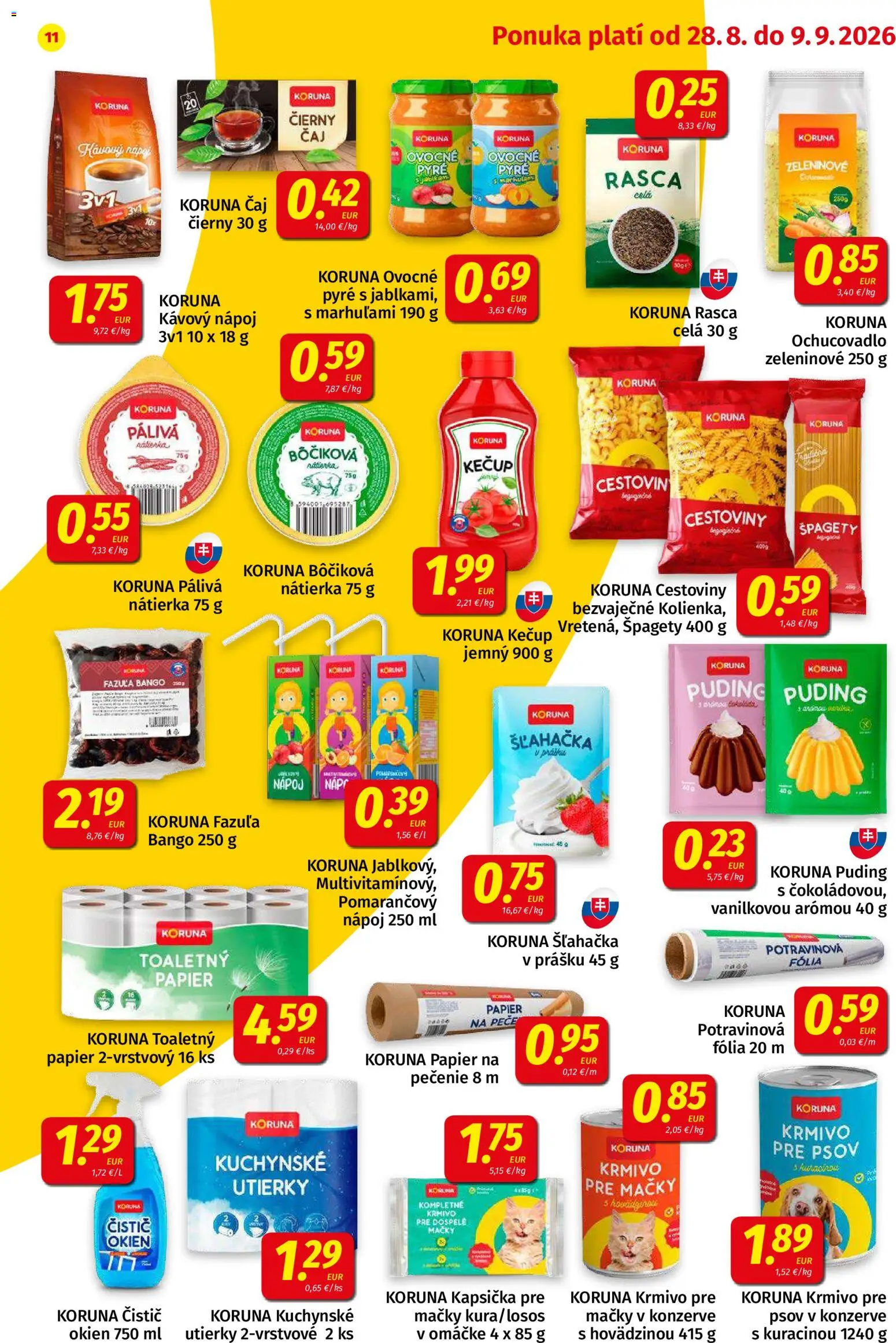Nové Koruna akcie – leták je platný od 28.08.2026 | Strana: 11 | Produkty: Čaj, Nátierka, Fólia, Kečup