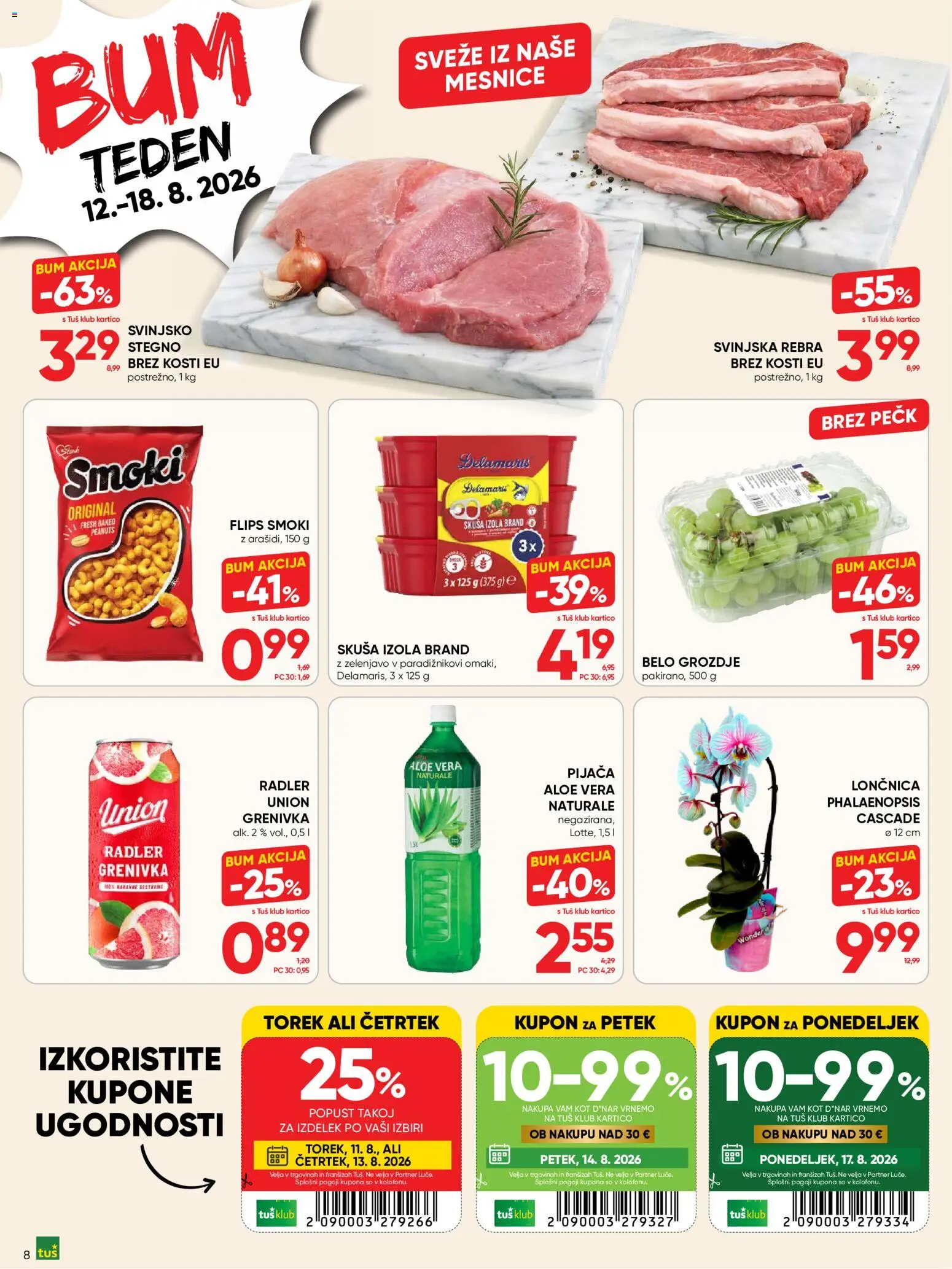 Novi Tuš katalog ponudbe – veljaven od 12.08.2026 | Stran: 8 | Izdelki: Grozdje, Aloe Vera, Flips, Radler