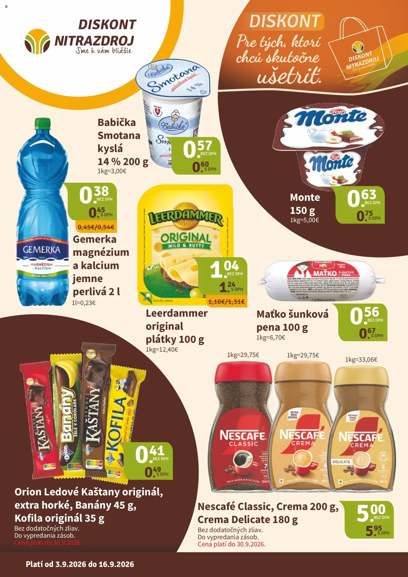 Nové Nitrazdroj akcie – leták je platný od 03.09.2026 | Strana: 1 | Produkty: Banány, Smotana, Gemerka, Pena