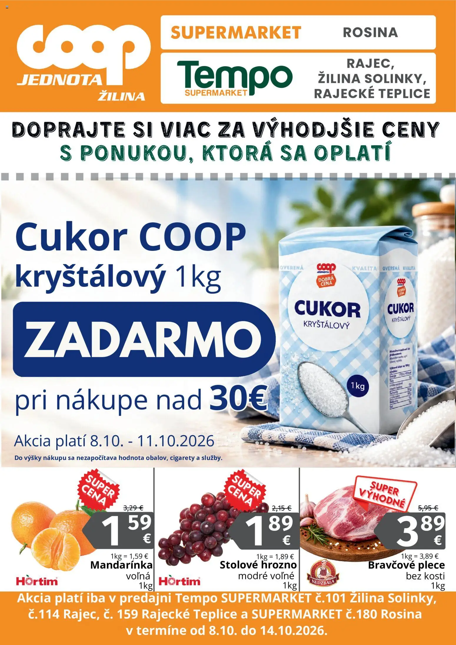Nové COOP Jednota akcie – leták je platný od 08.10.2026 | Strana: 1 | Produkty: Bravčové plece, Cukor, Hrozno