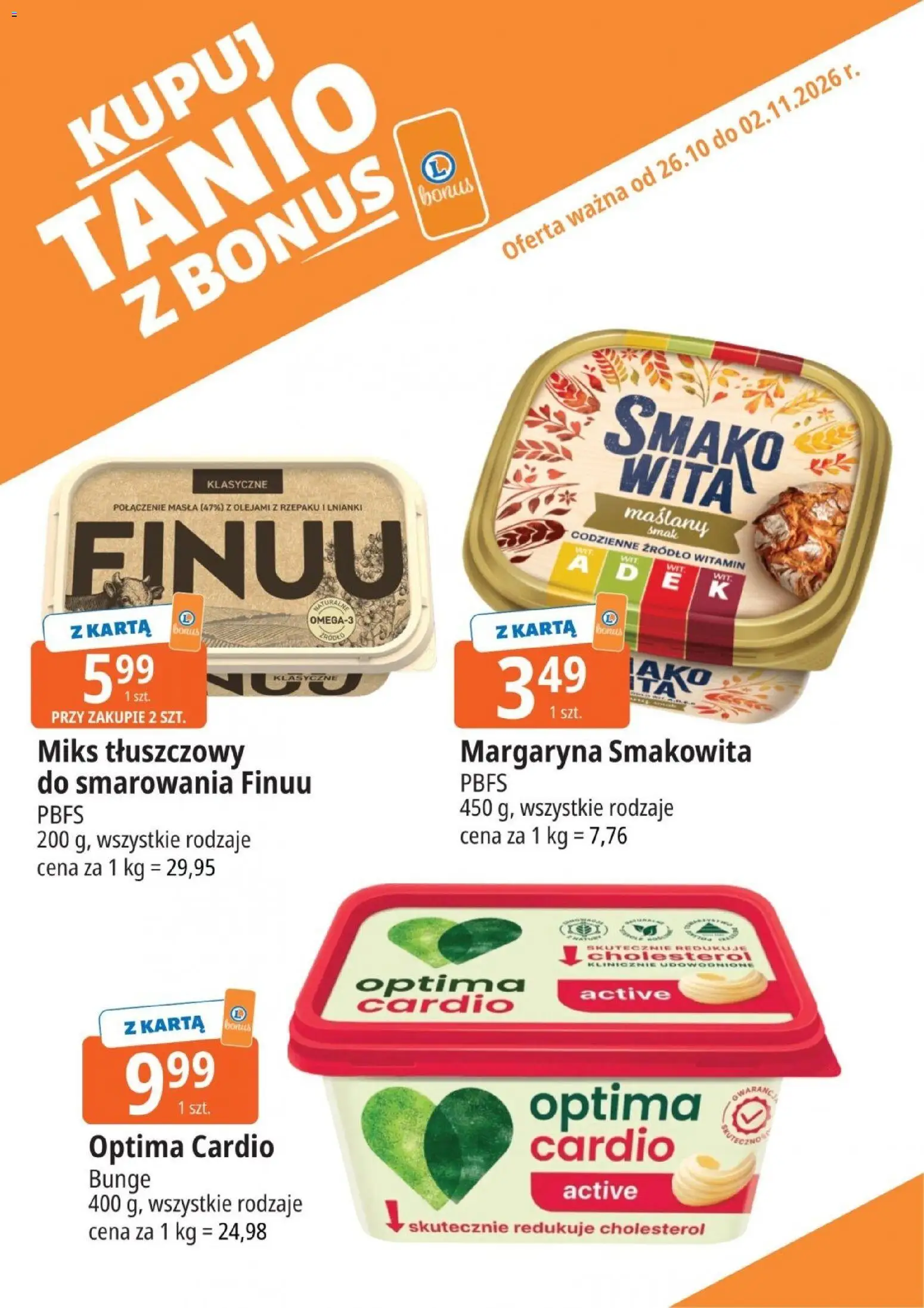 E.Leclerc gazetka - Kupuj Tanio Z Bonus od 26.10.2026 | Strona: 9 | Produkty: Karta, Optima cardio, Margaryna
