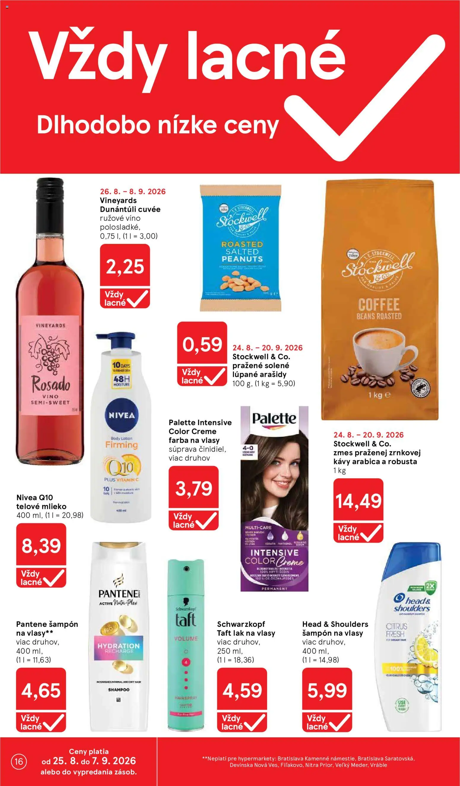 Nové Tesco akcie – leták je platný od 26.08.2026 | Strana: 16 | Produkty: Mlieko, Lak na vlasy, Arašidy, Head & Shoulders