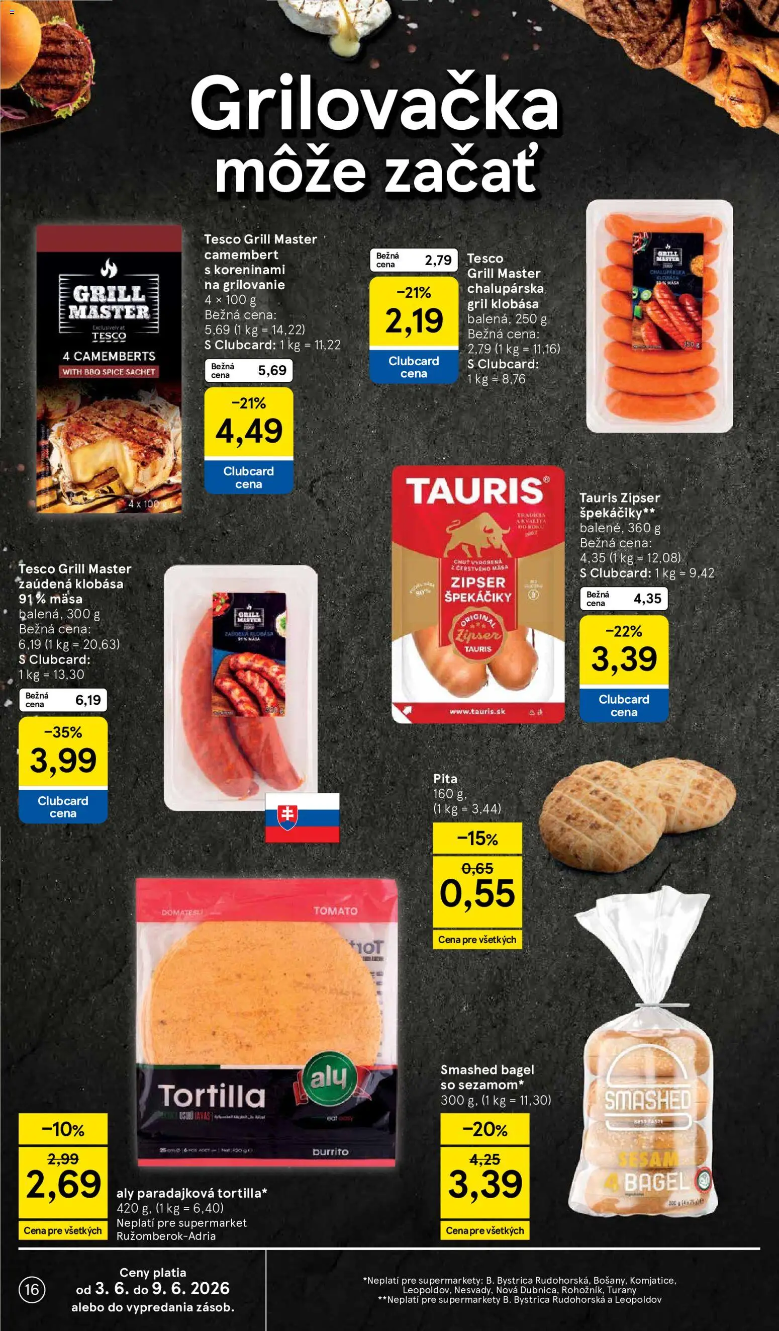 Nové Tesco akcie – leták je platný od 03.06.2026 | Strana: 16 | Produkty: Gril, Tortilla, Klobása