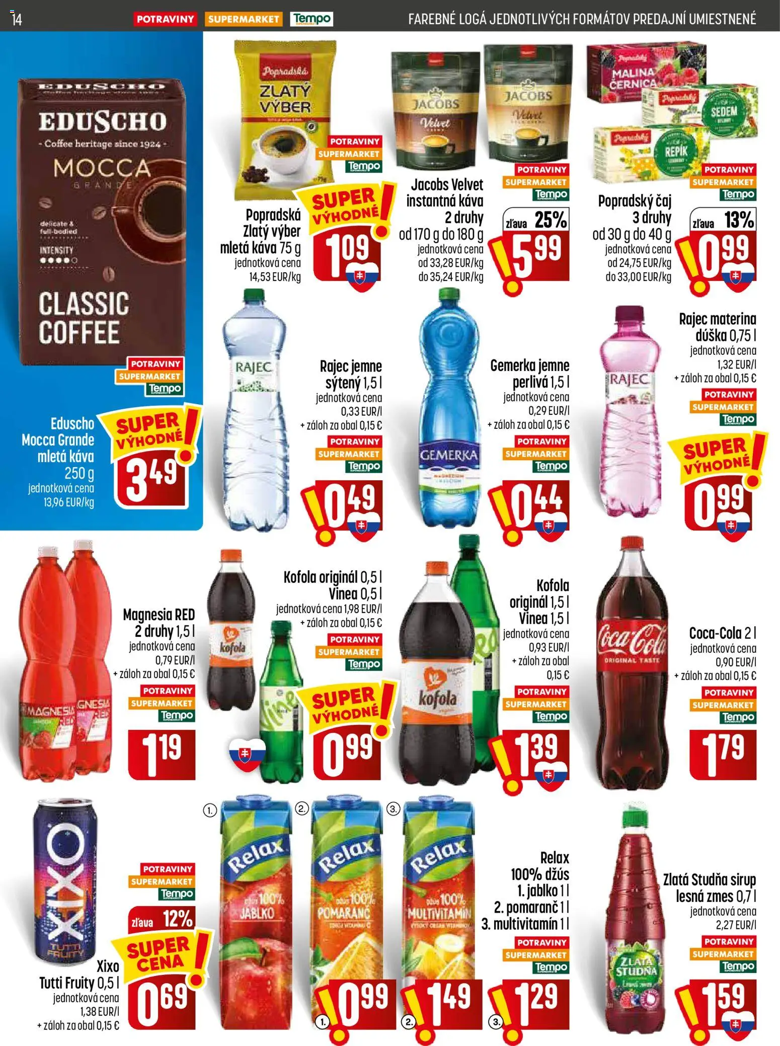 Nové COOP Jednota akcie – leták je platný od 20.08.2026 | Strana: 14 | Produkty: Čaj, Instantná káva, Coca cola, Mletá káva