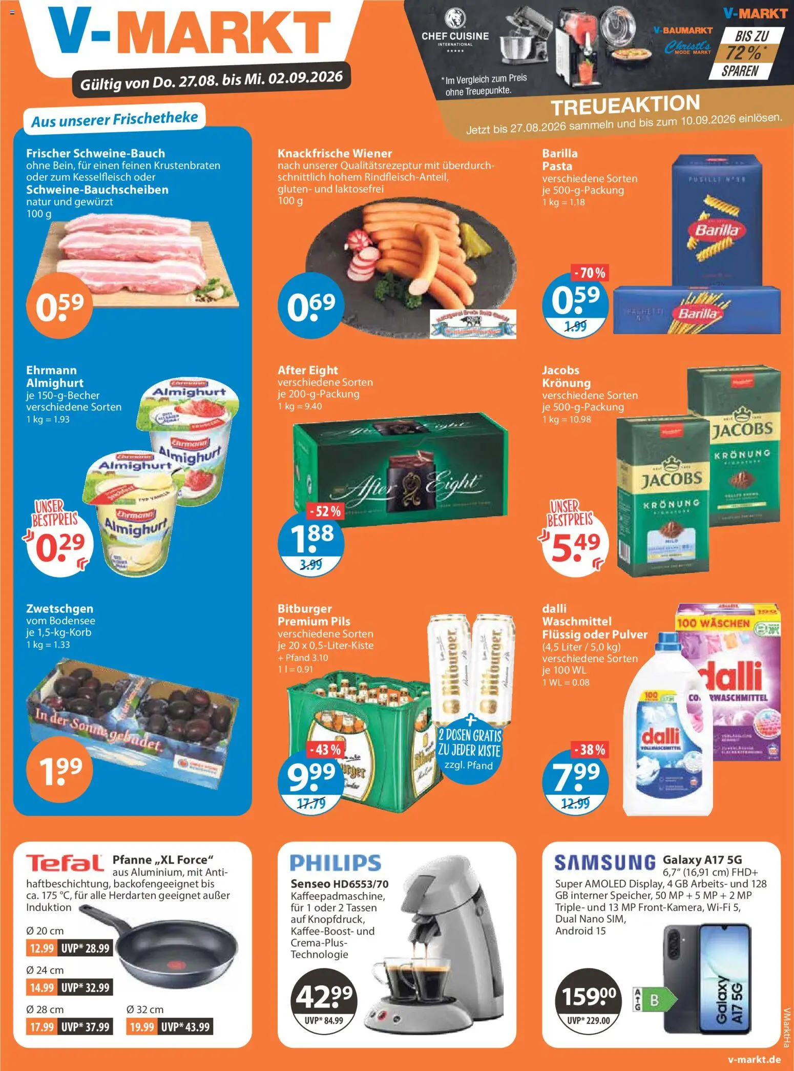 V-Markt Angebote – gültig ab 27.08.2026 | Seite: 1 | Produkte: Bitburger, Schweinebauch, Zwetschgen, Pasta