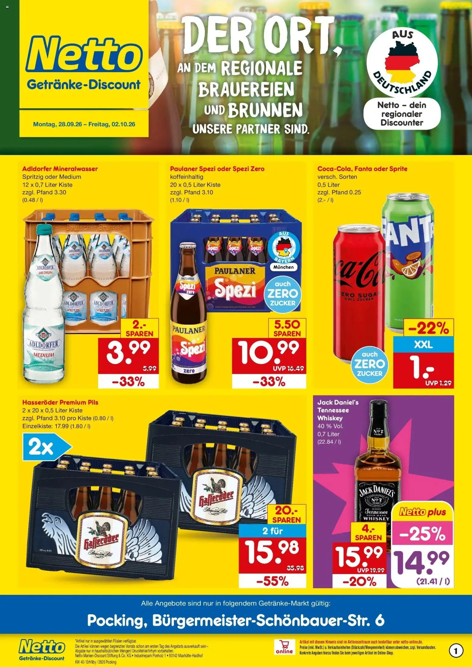Netto Marken-Discount Prospekt Pocking – gültig ab 28.09.2026 | Seite: 1 | Produkte: Paulaner spezi, Jack Daniel's, Zucker, Hasseröder