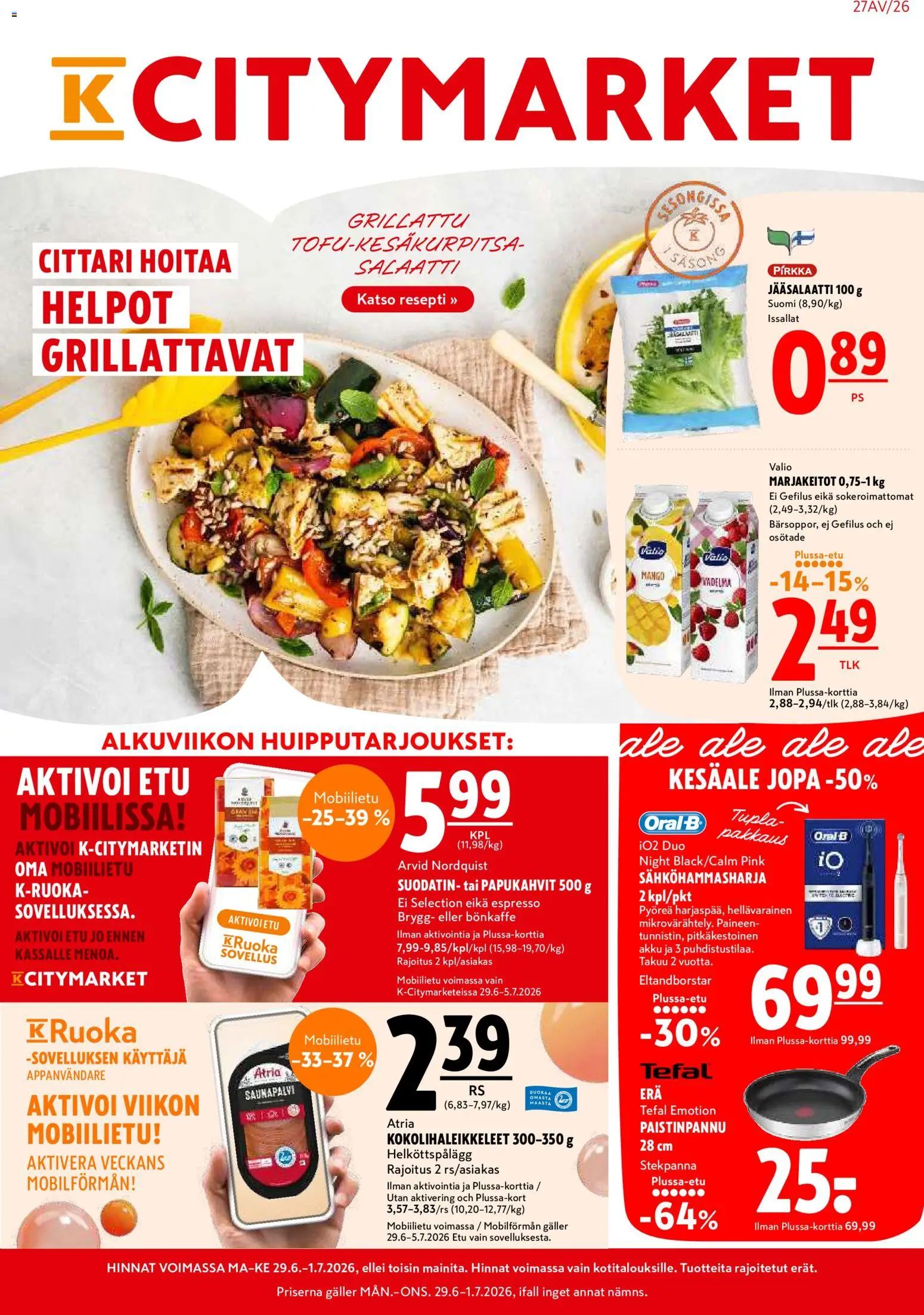 K-Citymarket tarjoukset – voimassa 29/06/2026 alkaen | Sivu: 1 | Tuotteet: Mango, Sähköhammasharja, Paistinpannu, Salaatti