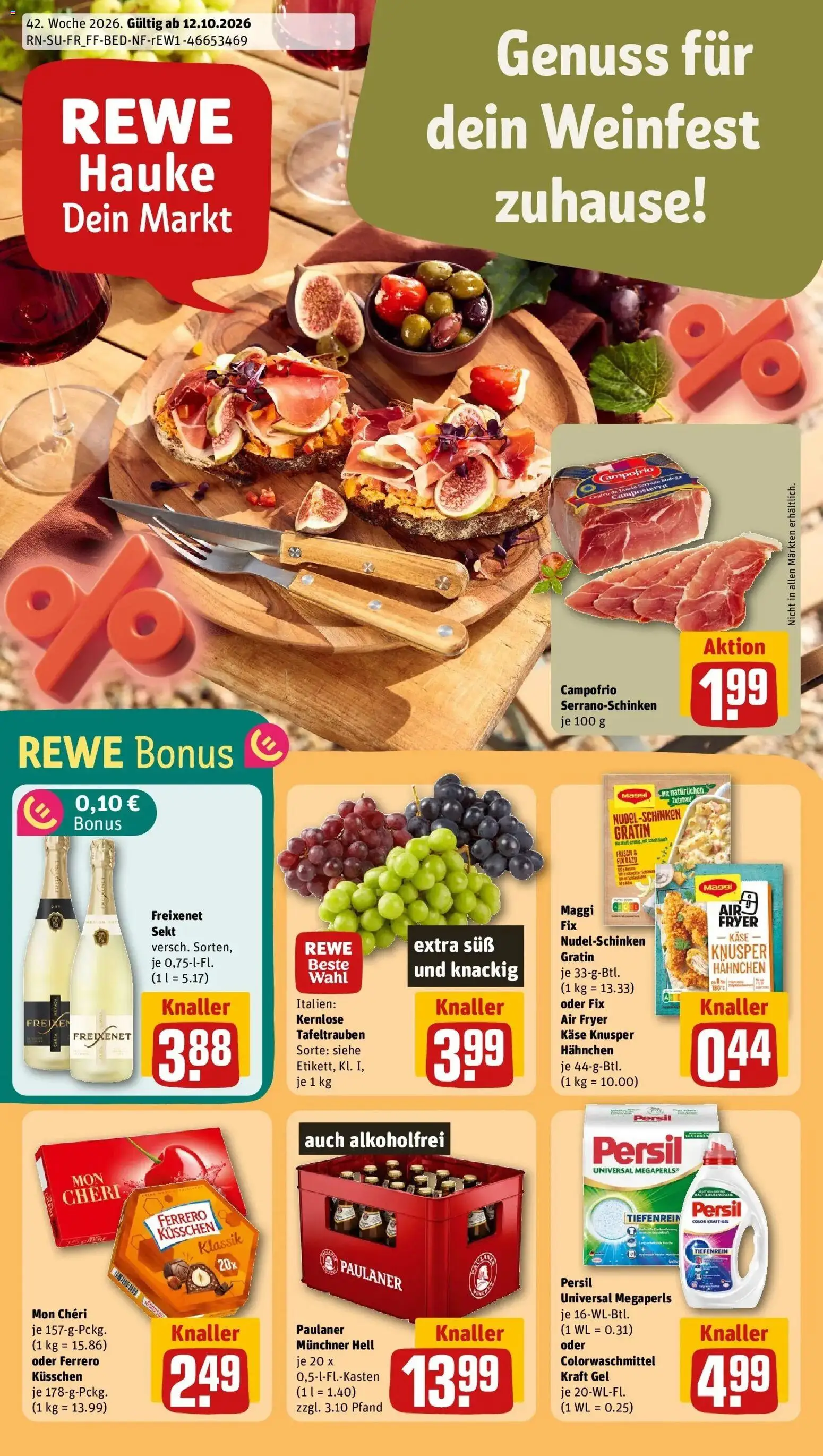 REWE Prospekt ab 12.10.2026 zum Blättern » Angebote | Seite: 1 | Produkte: Hahnchen, Käse, Sekt, Paulaner