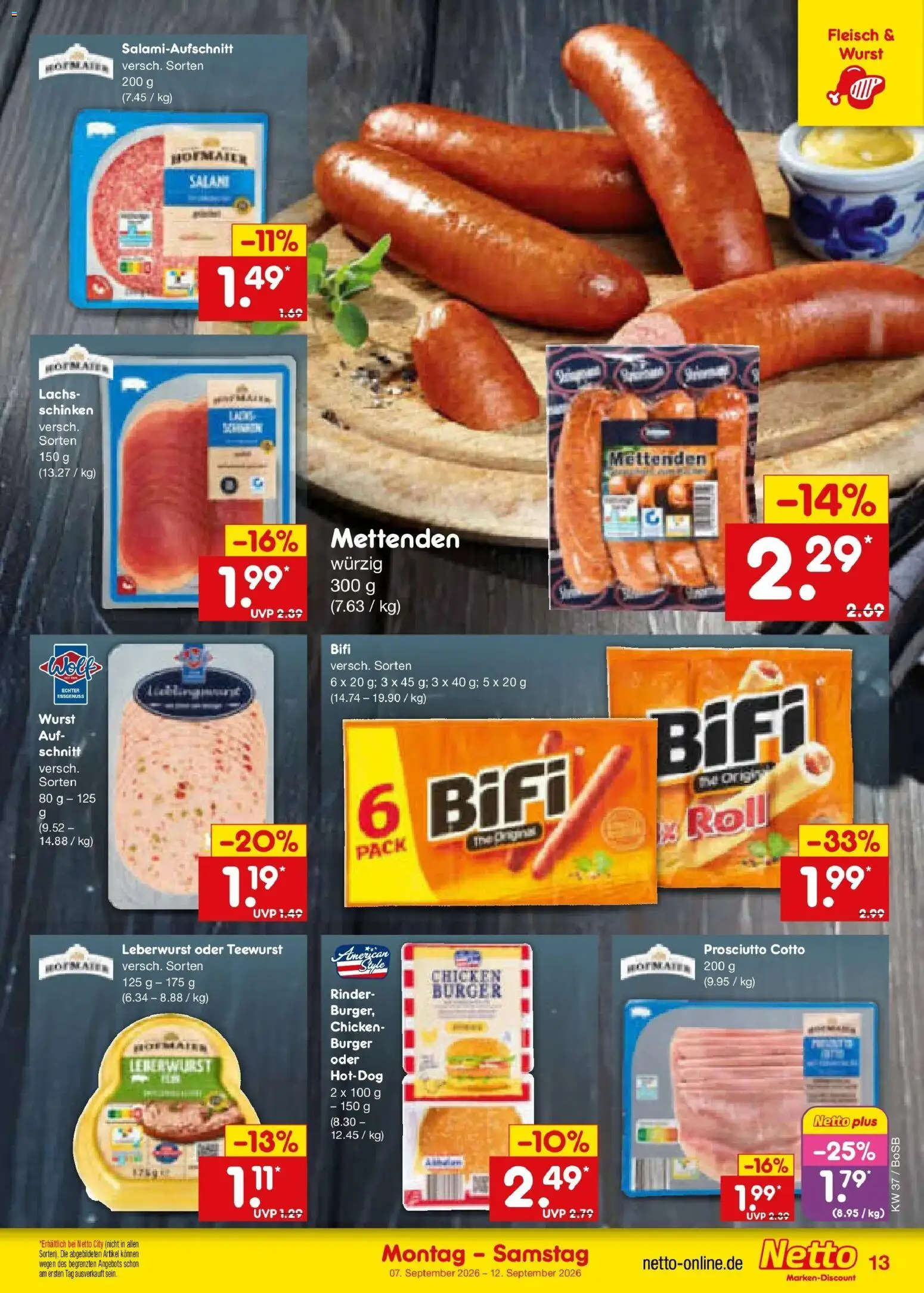 Netto Marken-Discount Prospekt Bochum – gültig ab 07.09.2026 | Seite: 19 | Produkte: Burger, Lachs, Wurst, Salami