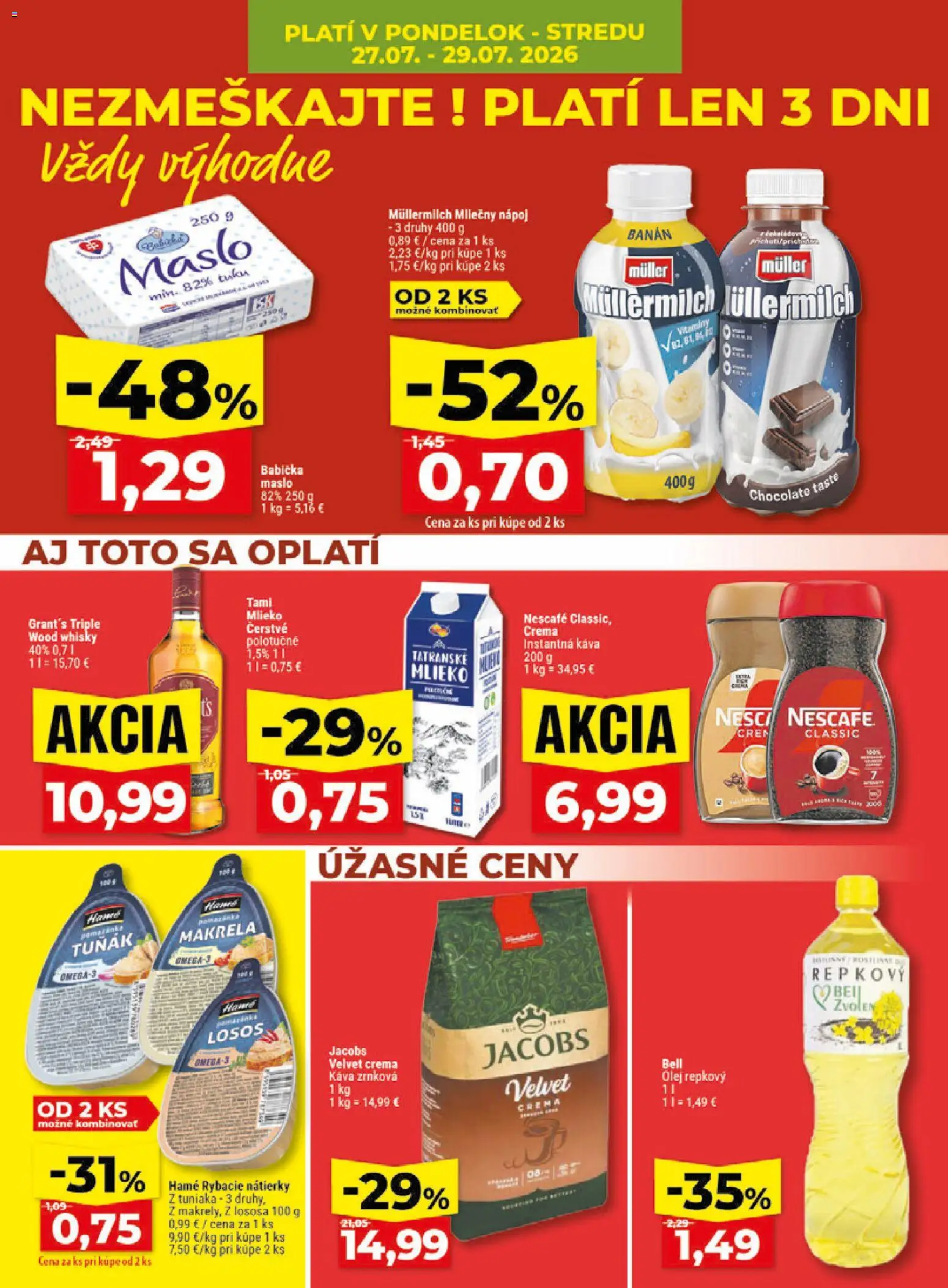 Nové Klas akcie – leták je platný od 27.07.2026 | Strana: 4 | Produkty: Maslo, Mlieko, Olej, Losos