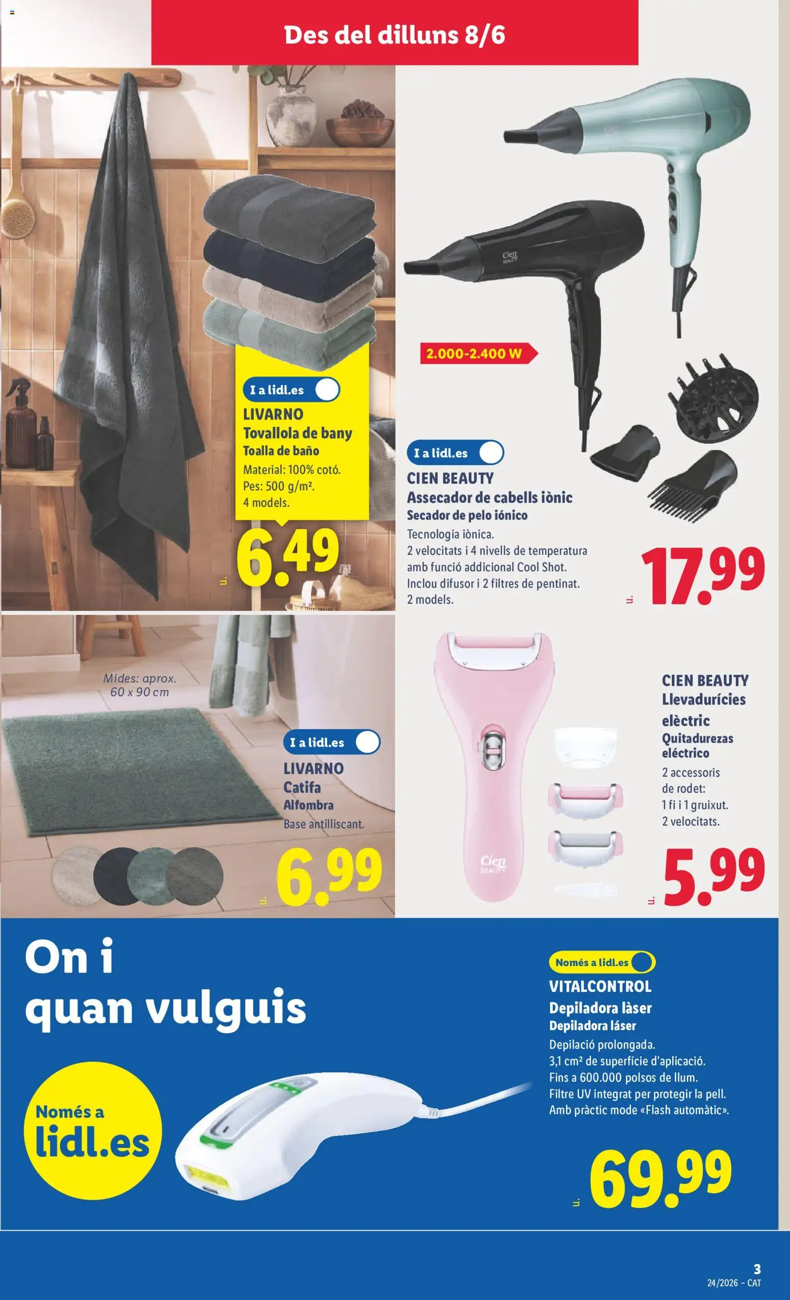 Lidl folleto de bazar │ válido desde el 08.06.2026 | Página: 3 | Productos: Toalla de baño, Secador de pelo, Baño, Alfombra