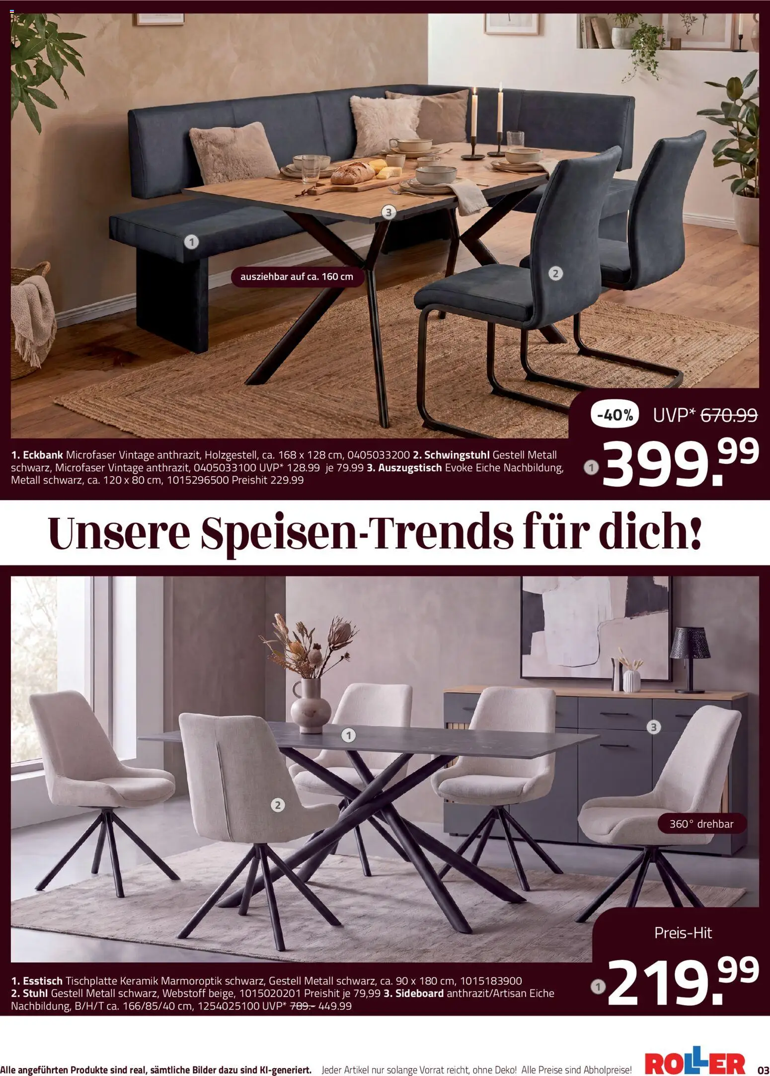 Roller Küchenprospekt – gültig ab 27.09.2026 | Seite: 3 | Produkte: Esstisch, Eckbank, Stuhl, Bilder