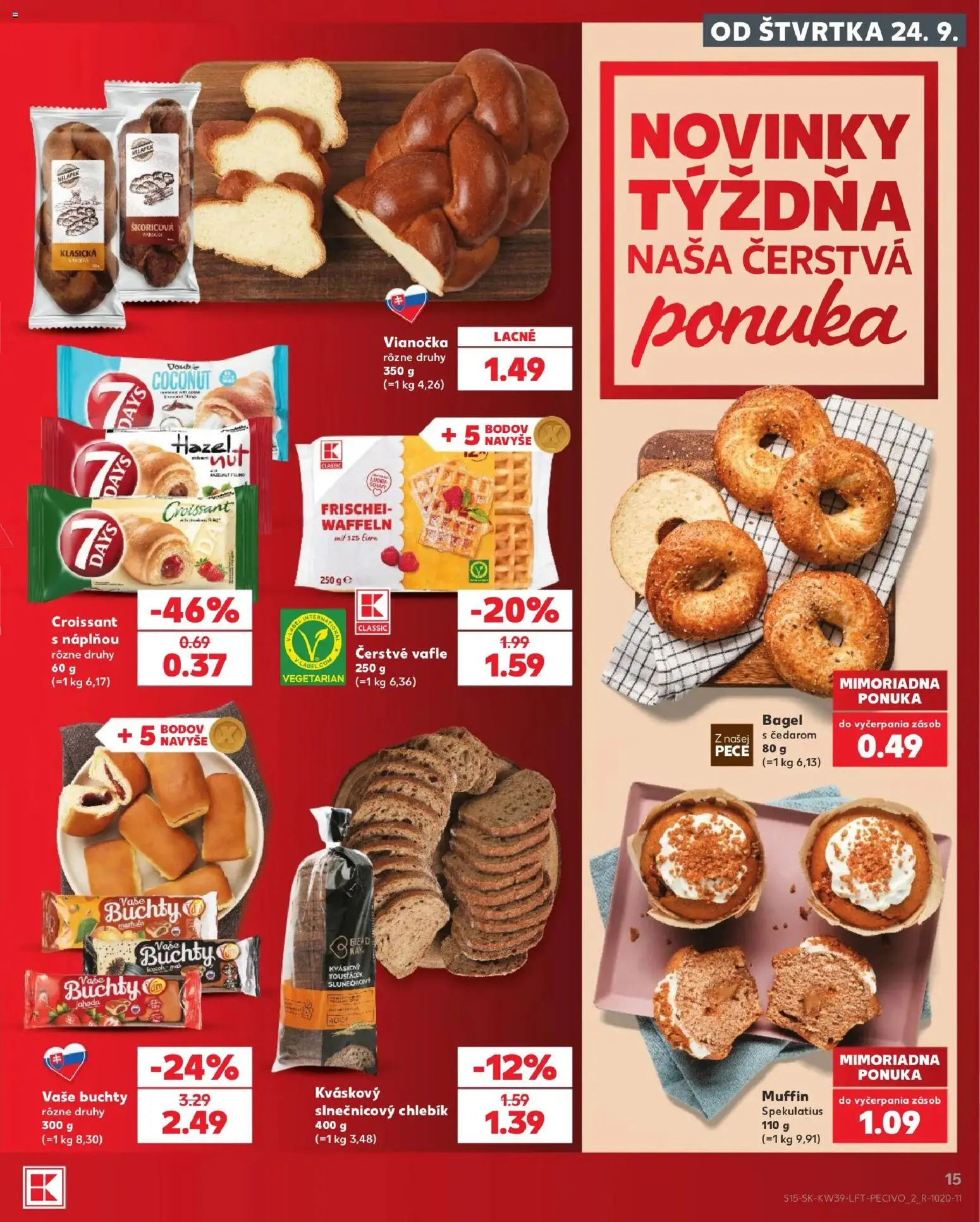 Kaufland SK akciós ujság - amely érvényes a következő dátumtól: 2026.09.24. | Oldal: 15 | Termékek: Croissant, Bagel, Muffin