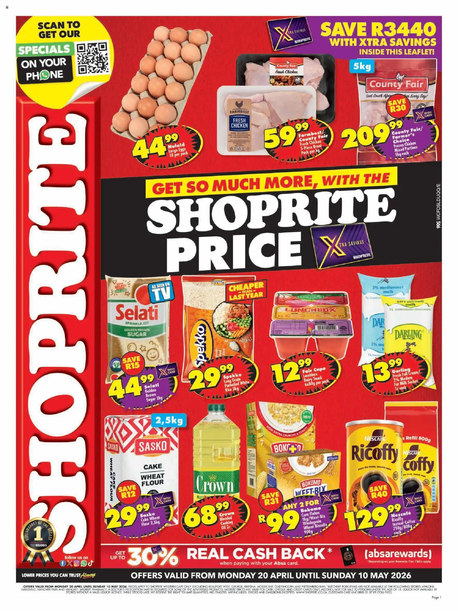 New Shoprite catalogue – valid from 20.04.2026 | Page: 1 | Products: Flour, Coffee, Chicken, Sugar