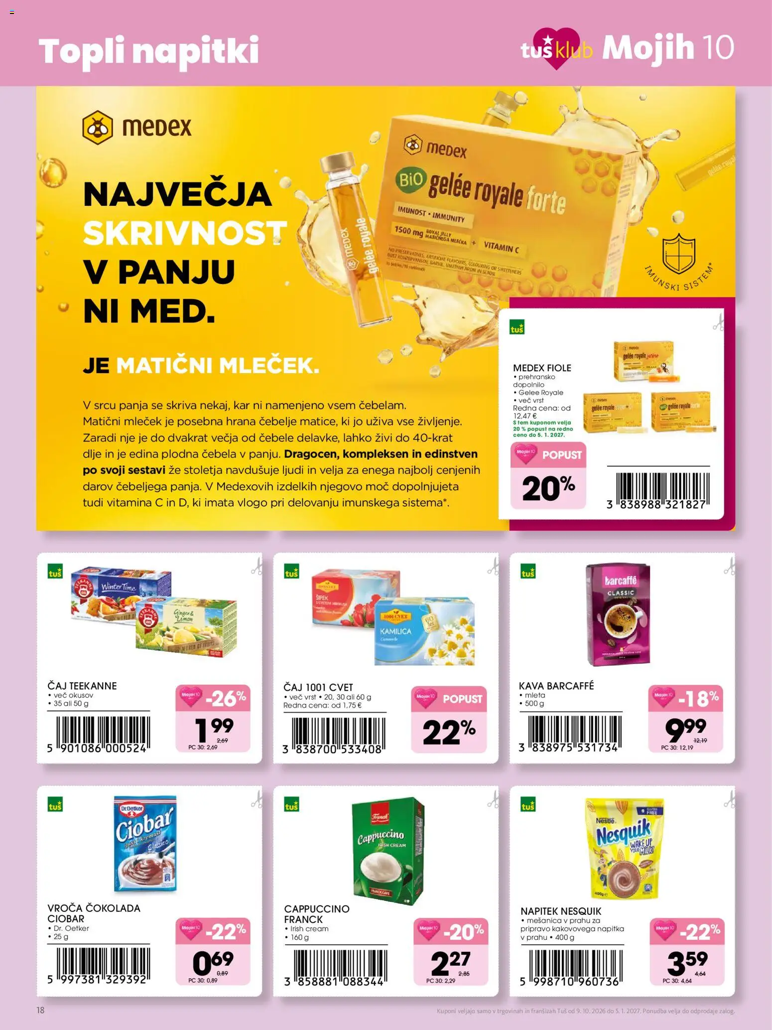 Novi Tuš katalog ponudbe – veljaven od 09.10.2026 | Stran: 18 | Izdelki: Napitki, Kava, Cokolada, Caj
