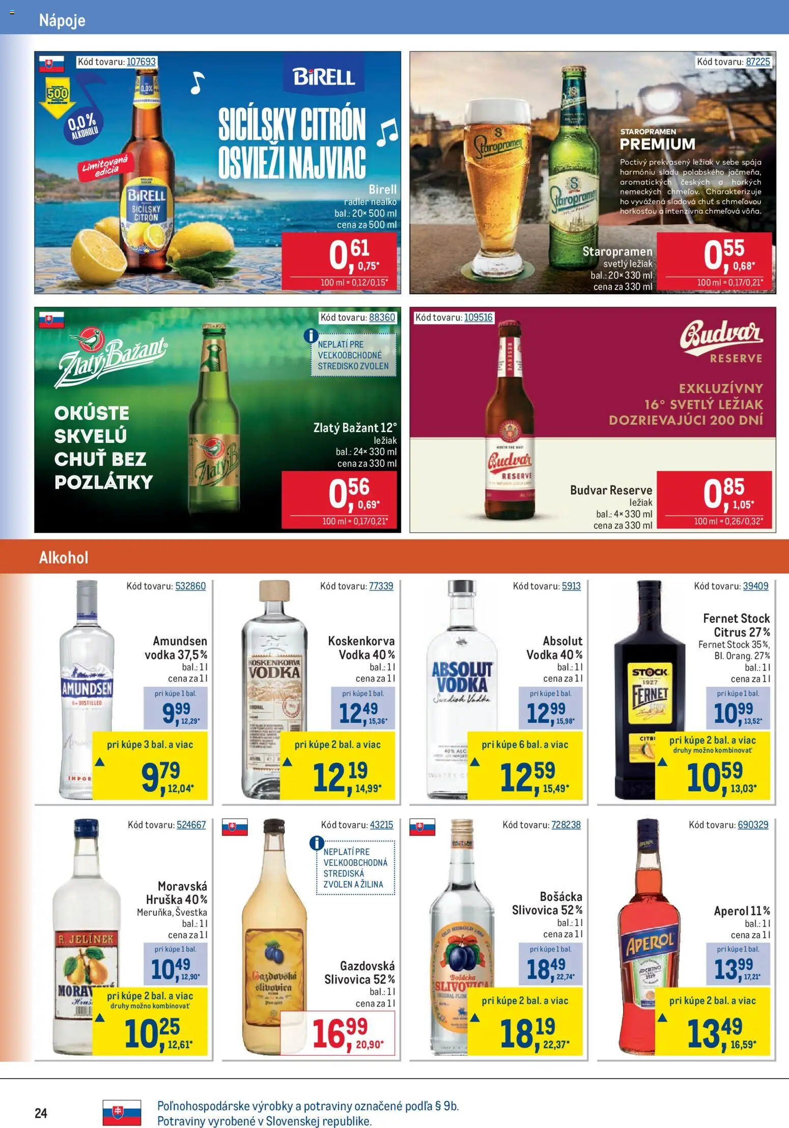 Nové Metro akcie – leták je platný od 09.09.2026 | Strana: 24 | Produkty: Birell, Fernet, Alkohol, Aperol