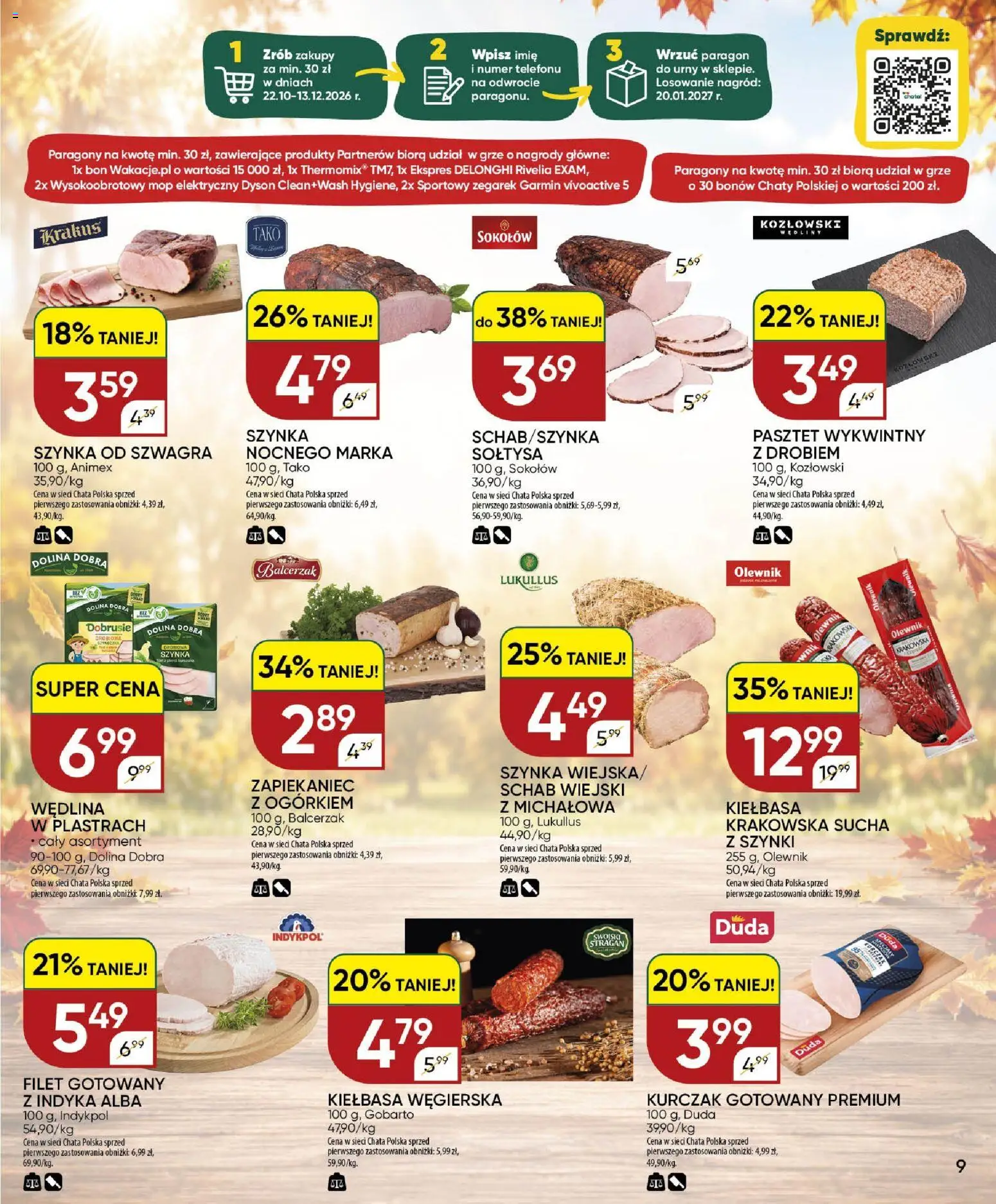 Chata Polska gazetka od 22.10.2026 | Strona: 9 | Produkty: Kiełbasa, Krakowska sucha, Filet, Mop