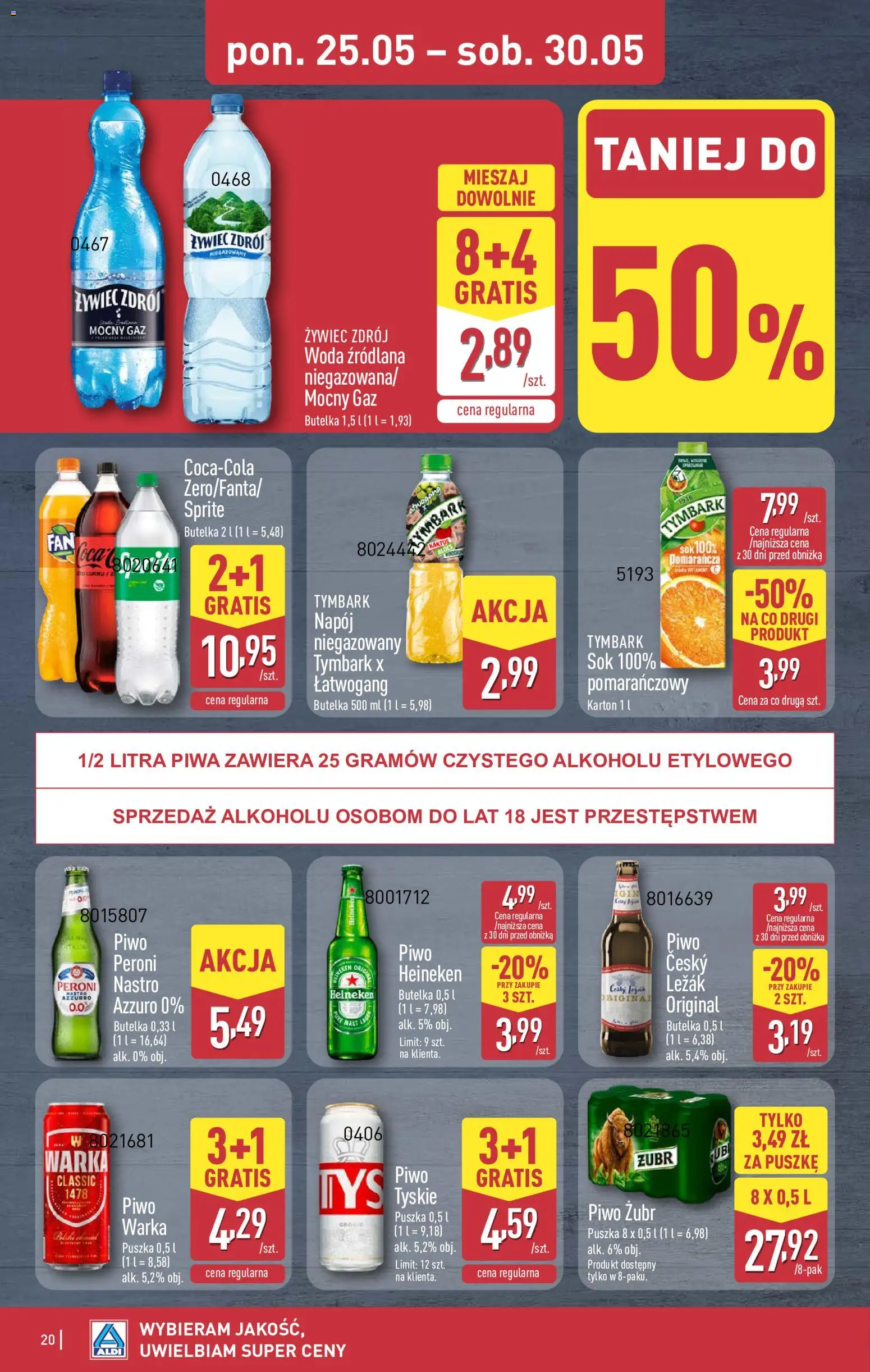 Aldi gazetka od 25.05.2026 | Strona: 20 | Produkty: Piwo żubr, Tyskie, Piwo, Heineken