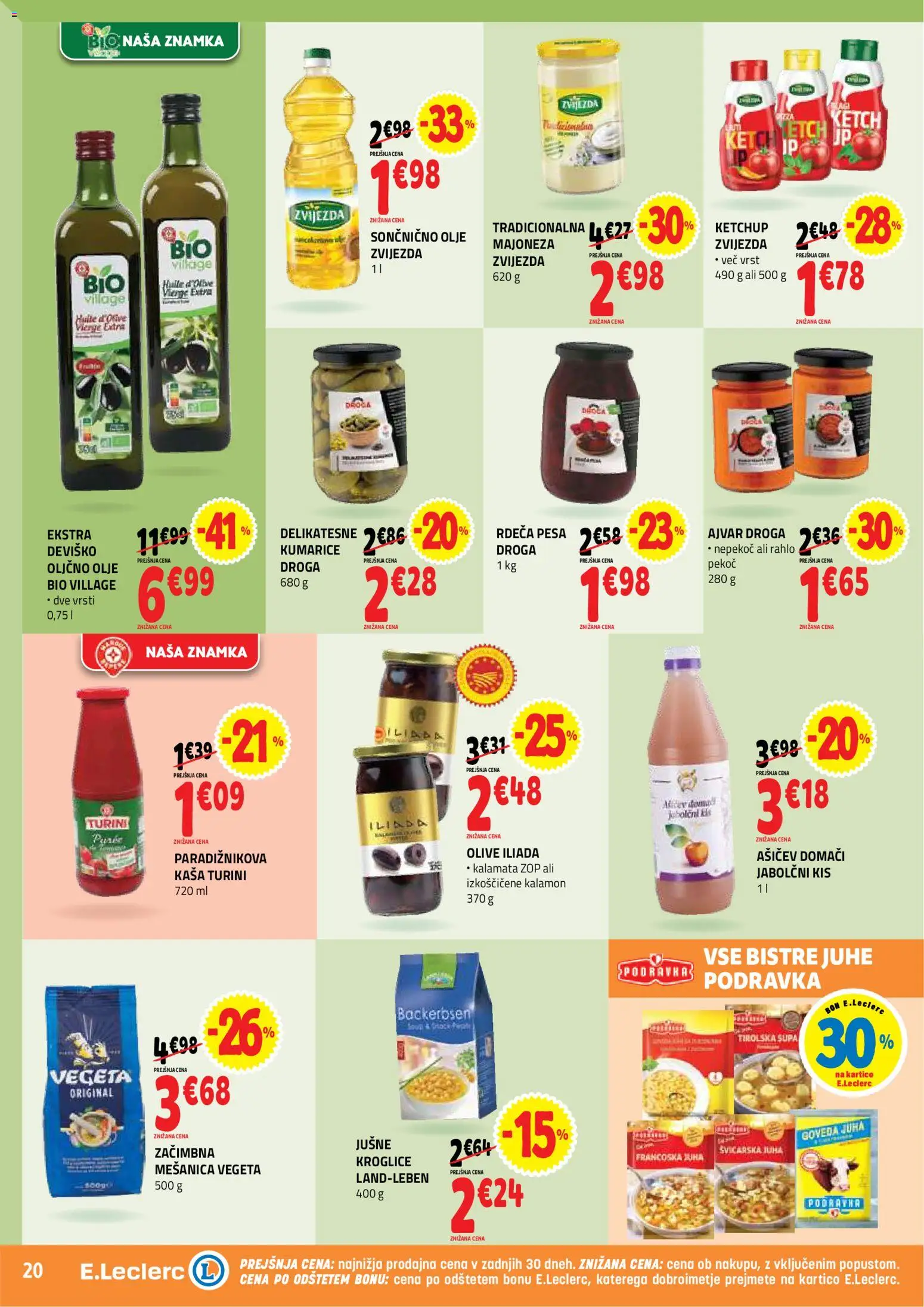 Novi E.leclerc katalog ponudbe – veljaven od 30.09.2026 | Stran: 20 | Izdelki: Jabolčni kis, Olje, Juhe, Pesa