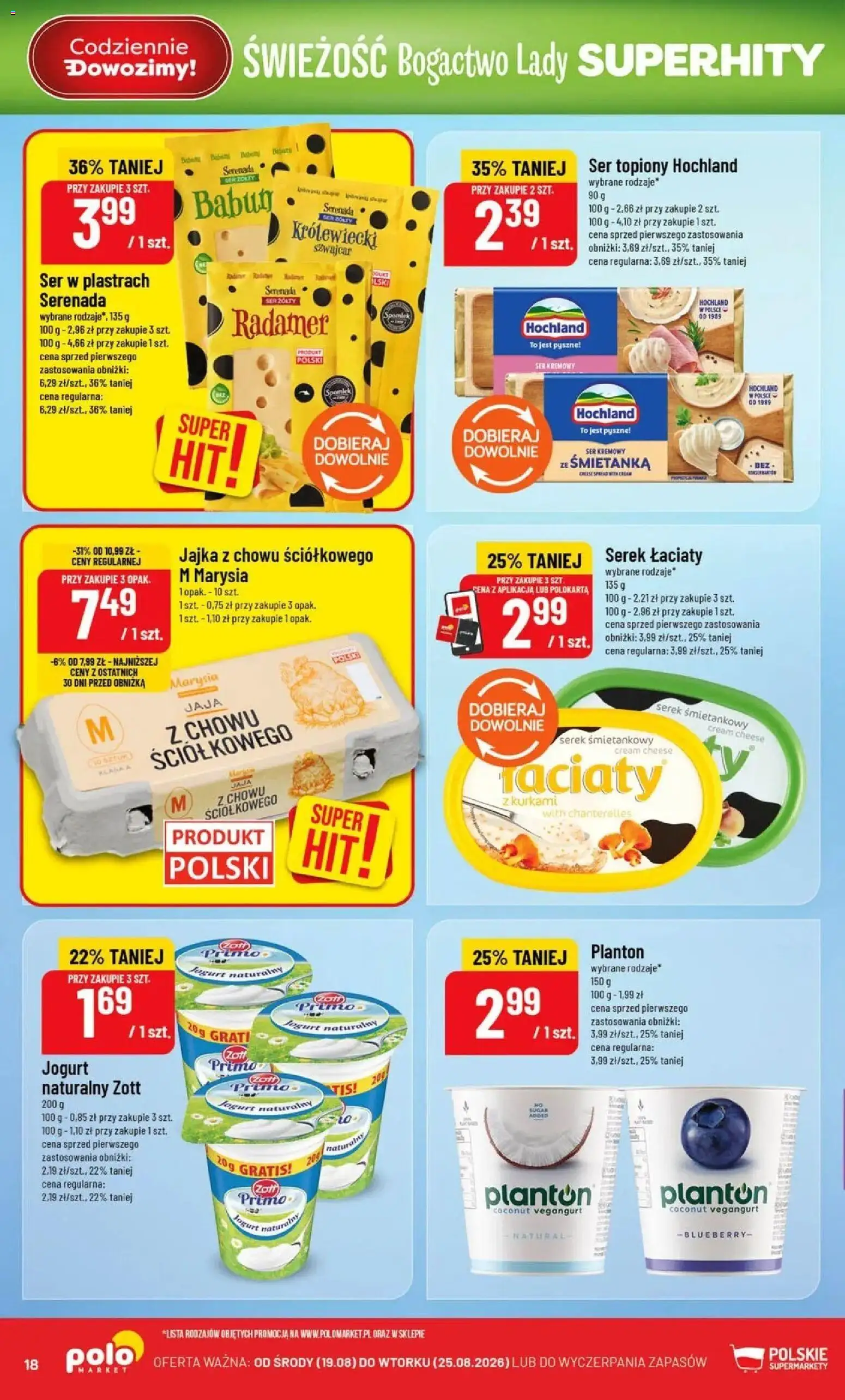 Nowa POLOmarket gazetka od jutra 19.08.2026 | Strona: 18 | Produkty: Serek śmietankowy, Ser w plastrach, Ser topiony, Jogurt