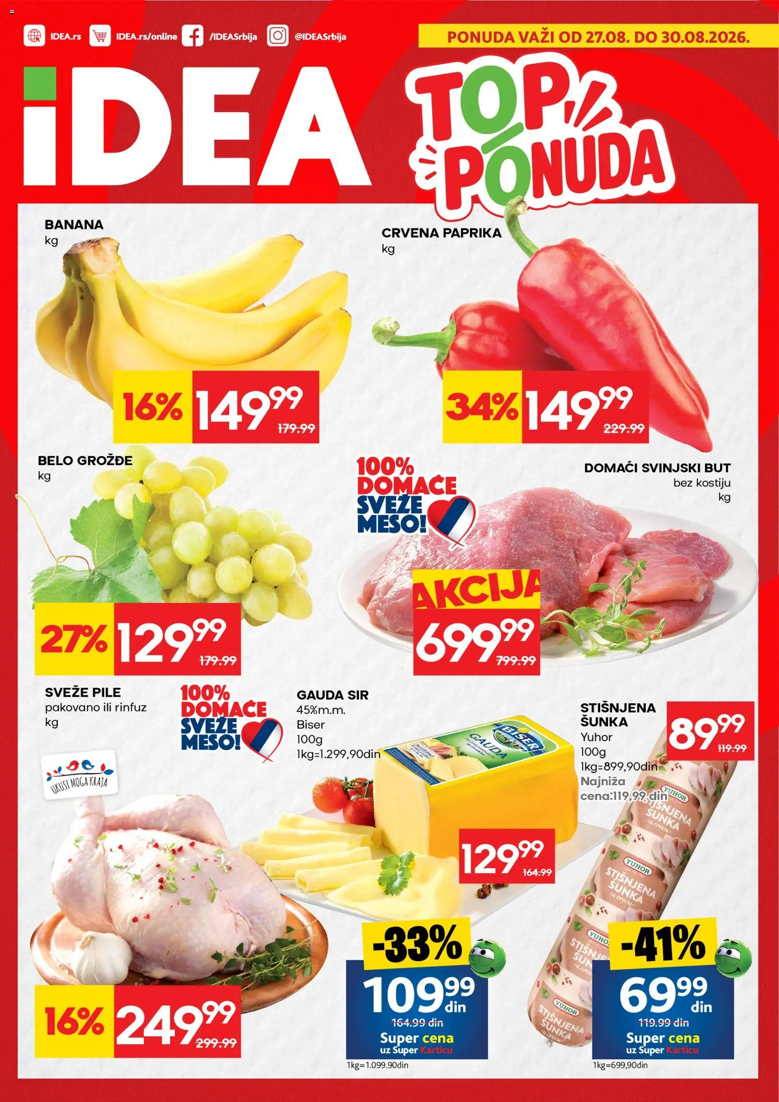 Idea katalog - važi od 27.08.2026 | Strana: 1 | Proizvode: Banana, Crvena paprika, Gauda sir, Pile