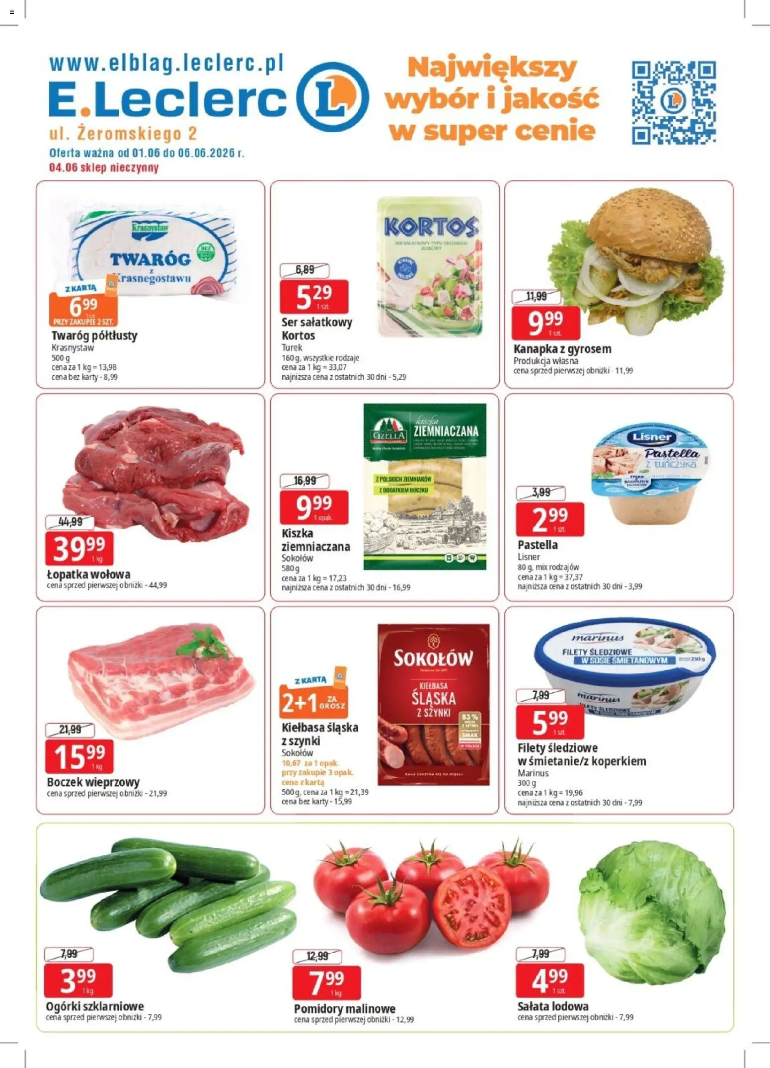 E.Leclerc gazetka - Elbląg od 01.06.2026 | Strona: 1 | Produkty: Twaróg półtłusty, Kiszka ziemniaczana, Boczek wieprzowy, Kiełbasa śląska