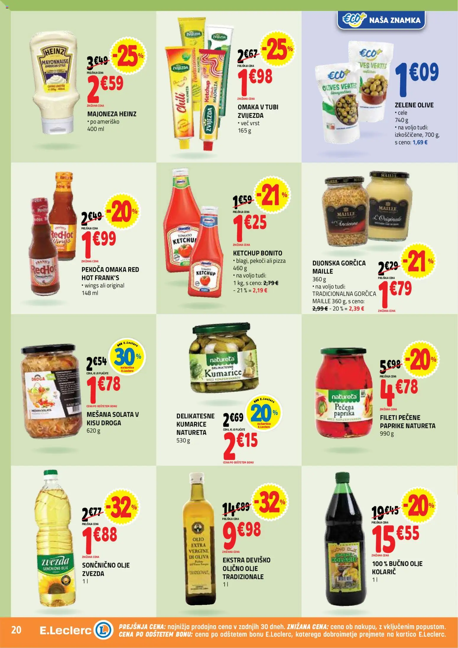 Novi E.leclerc katalog ponudbe – veljaven od 29.04.2026 | Stran: 20 | Izdelki: Bučno olje, Gorčica, Olje, Kumarice