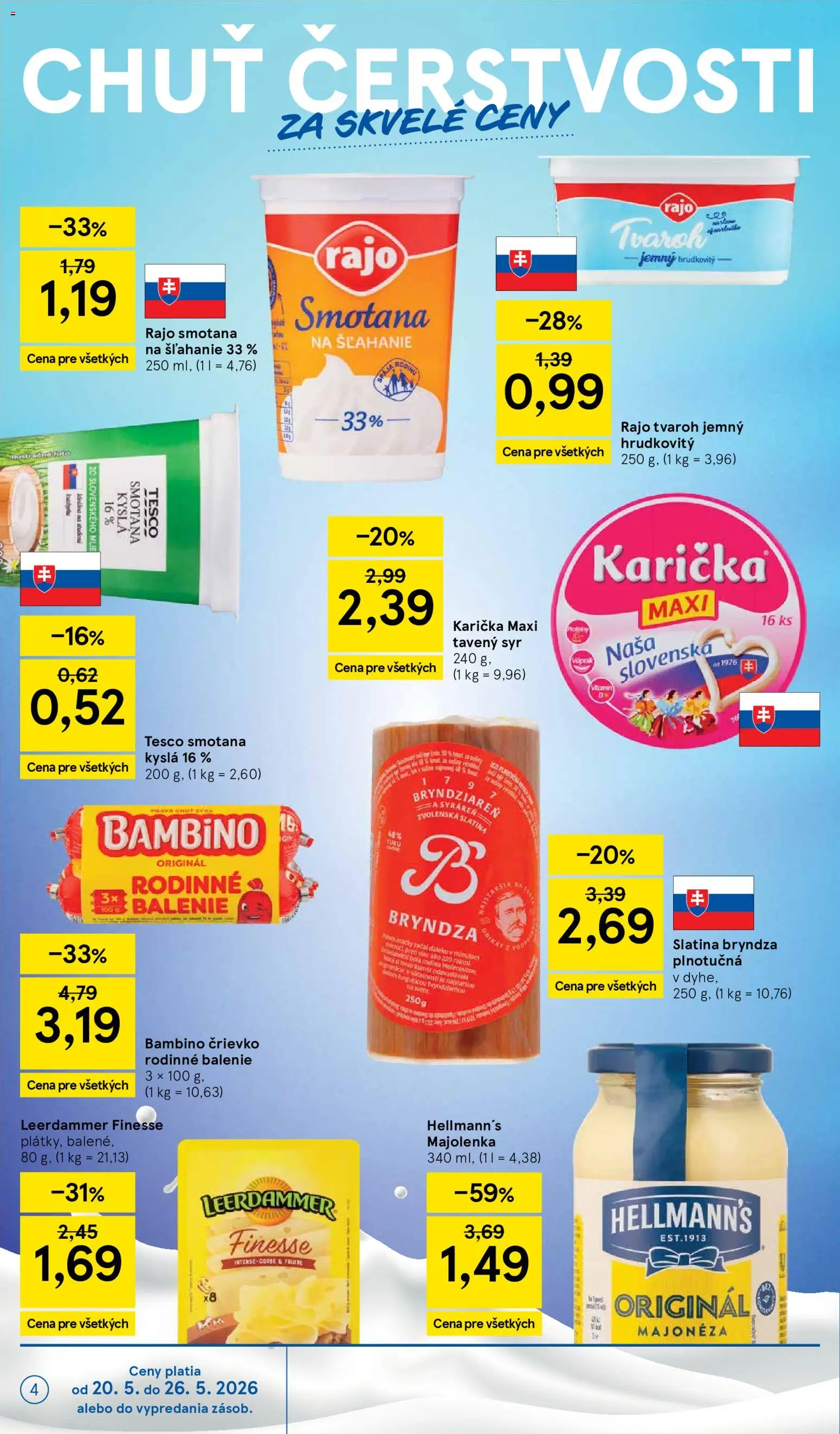 Nové Tesco akcie – leták je platný od 20.05.2026 | Strana: 4 | Produkty: Syr, Smotana, Bryndza, Smotana na šľahanie