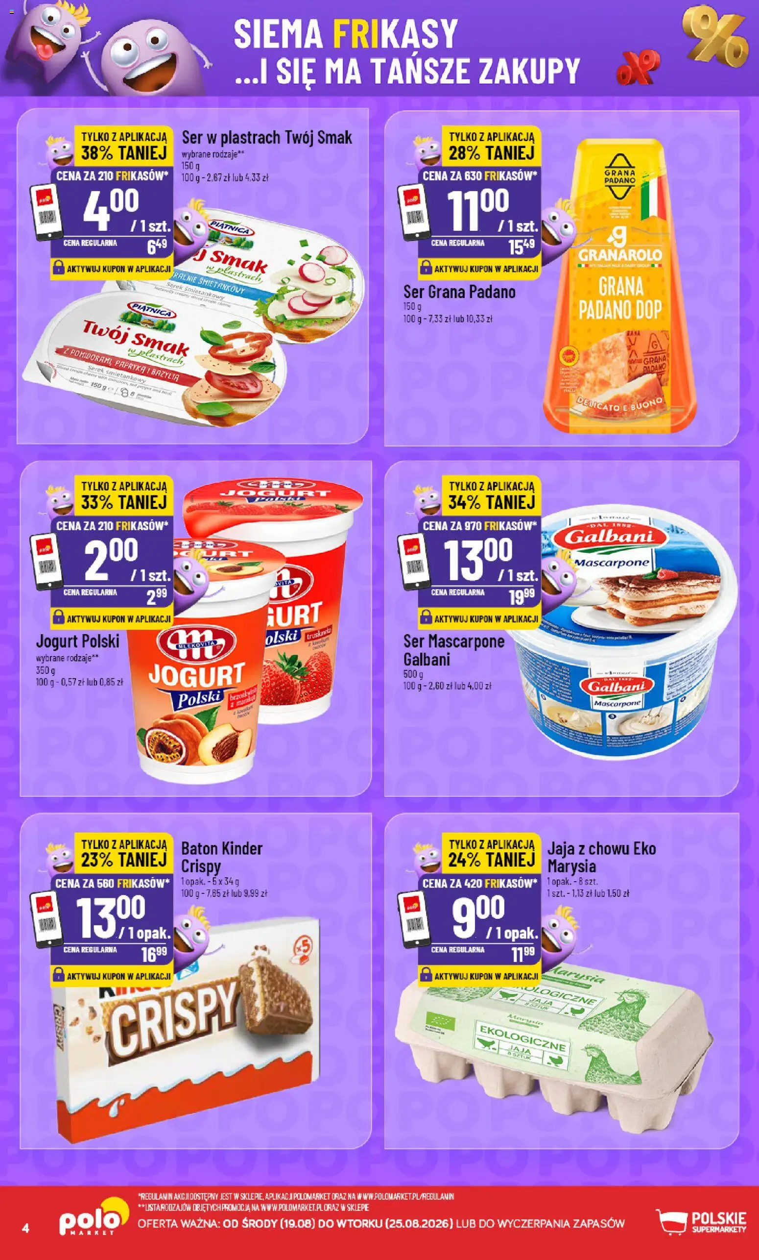Nowa POLOmarket gazetka od jutra 19.08.2026 | Strona: 4 | Produkty: Ser w plastrach, Piątnica, Jogurt, Ser mascarpone