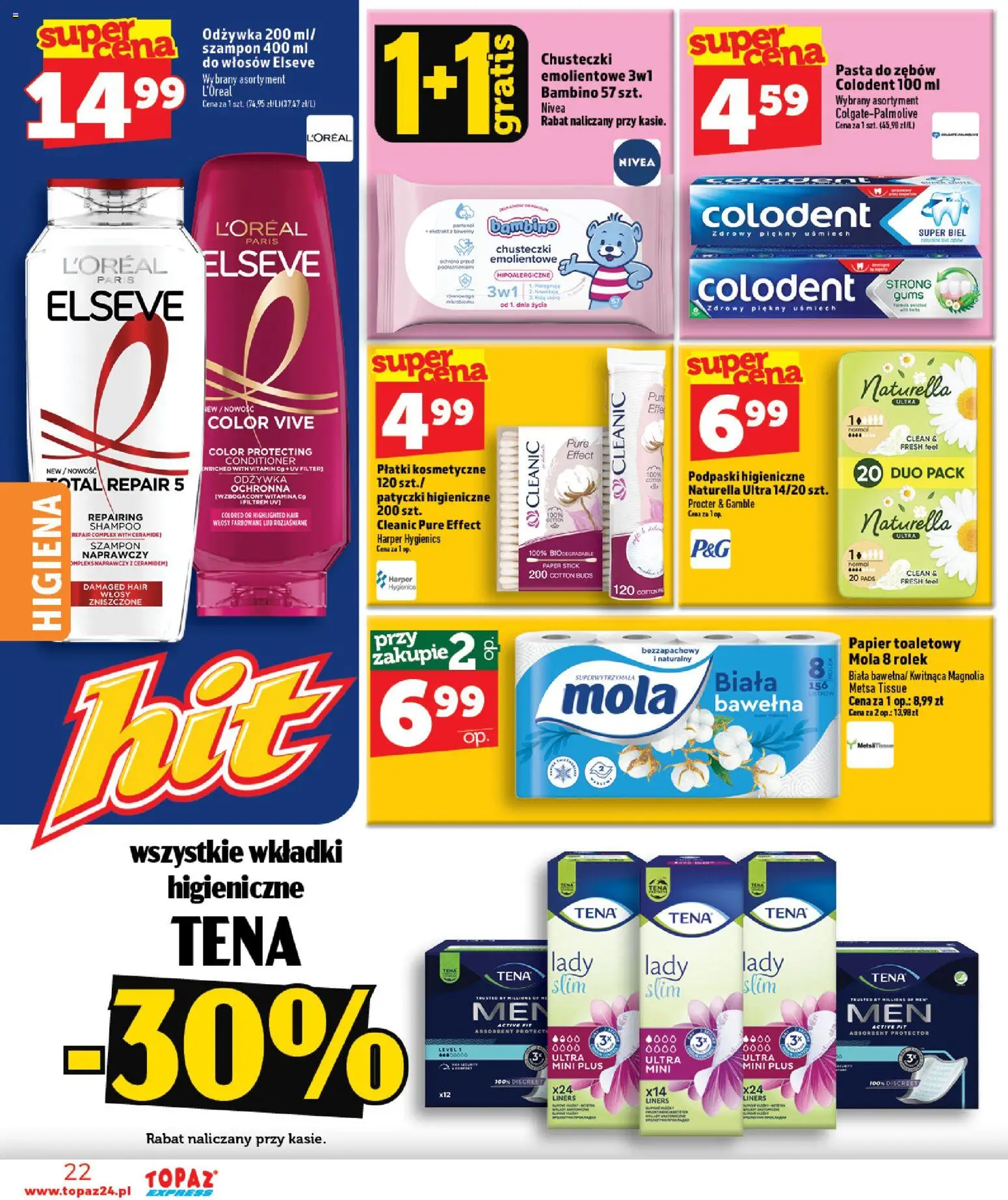 Topaz gazetka - Express od 15.10.2026 | Strona: 22 | Produkty: Wkładki higieniczne, Szampon, Płatki kosmetyczne, Płatki