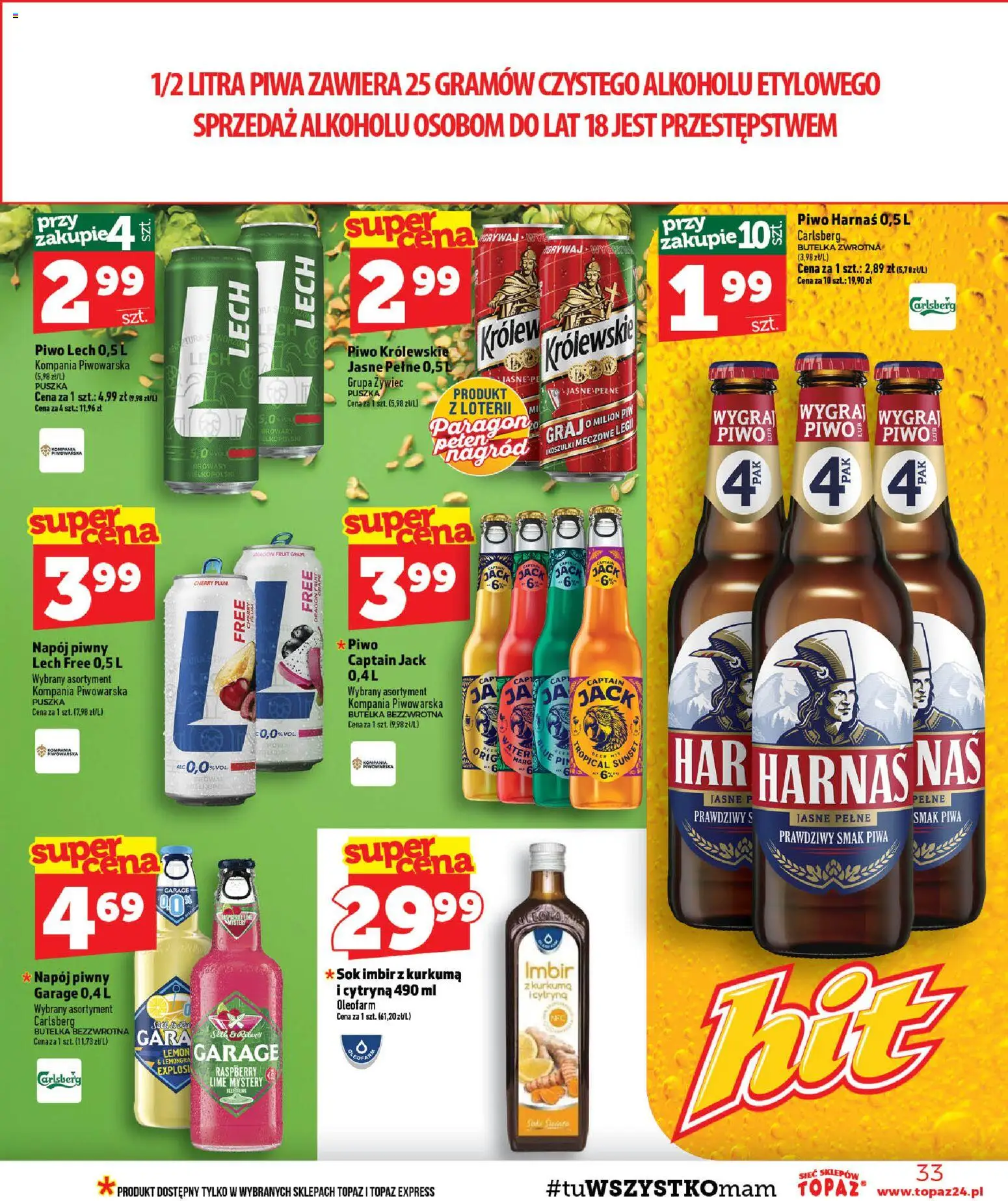 Topaz gazetka - MAZ od 27.08.2026 | Strona: 33 | Produkty: Carlsberg, Piwo Królewskie, Sok, Piwo