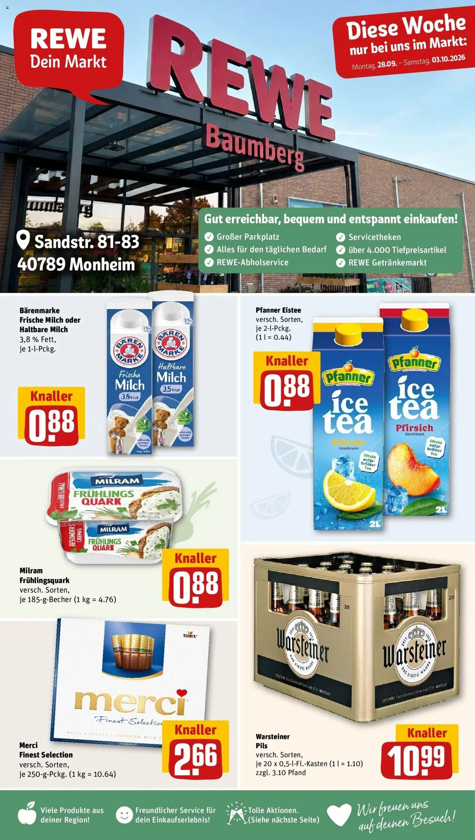 REWE Prospekt ab 28.09.2026 zum Blättern » Angebote | Seite: 1 | Produkte: Quark, Milch, Pfanner eistee, Milram