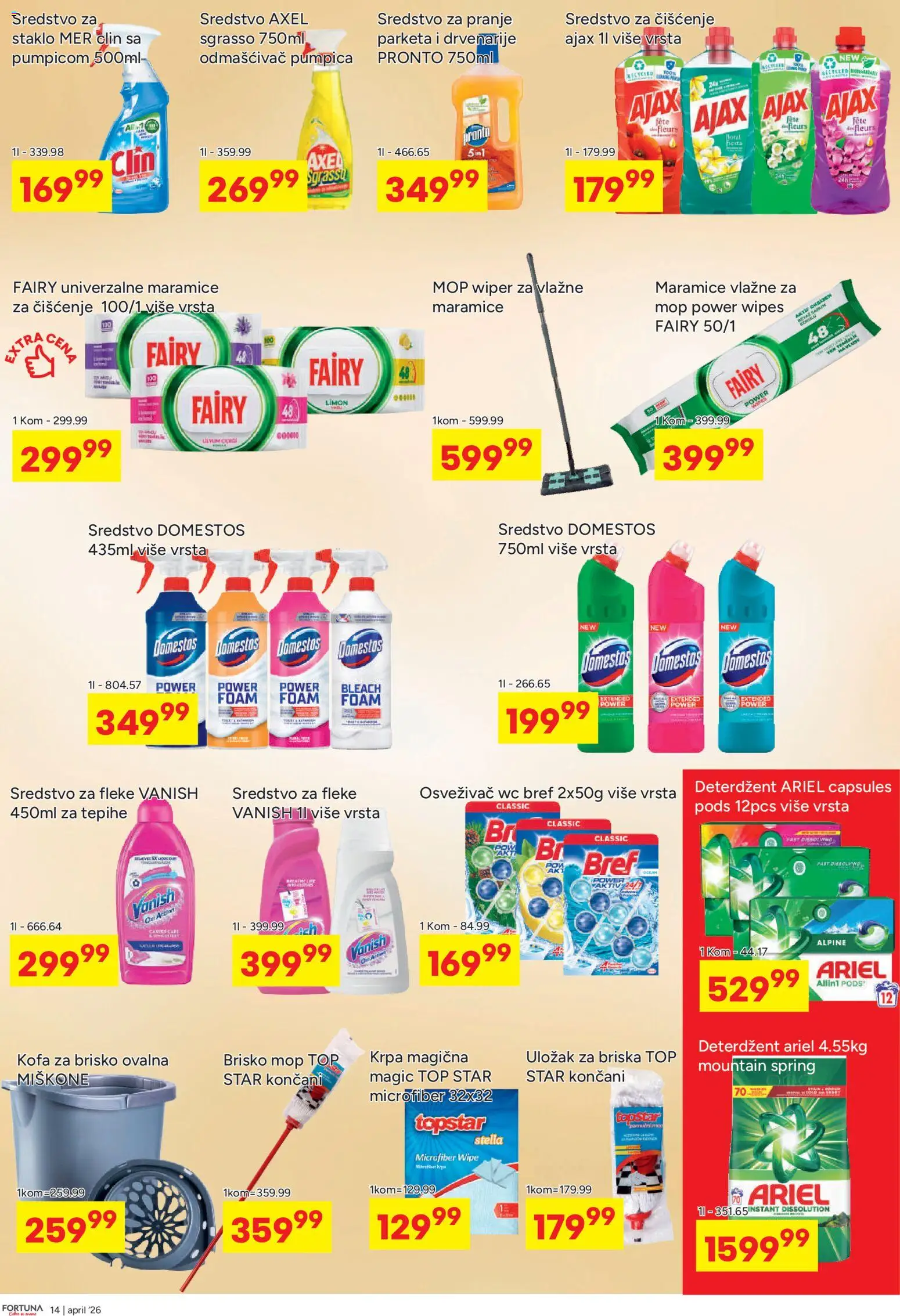 Fortuna Market katalog - važi od 13.04.2026 | Strana: 14 | Proizvode: Bref, Ariel, Pronto, Vlažne maramice