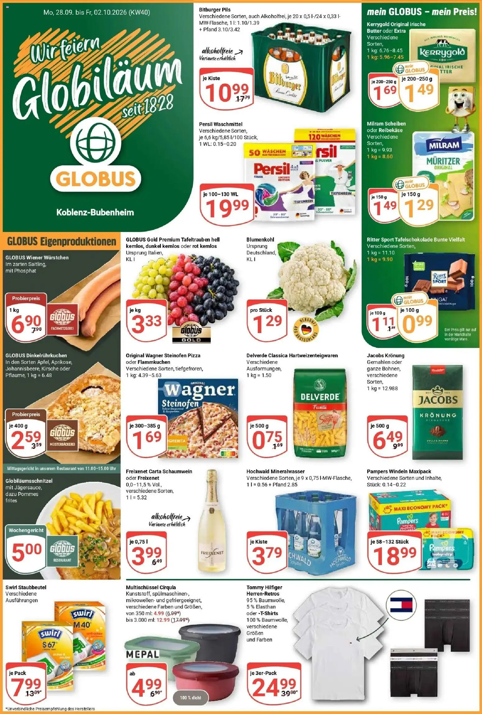 Globus Prospekt Koblenz-Bubenheim (ab 28.09.2026) » Angebote online | Seite: 1 | Produkte: Pampers, Waschmittel, Blumenkohl, Pizza
