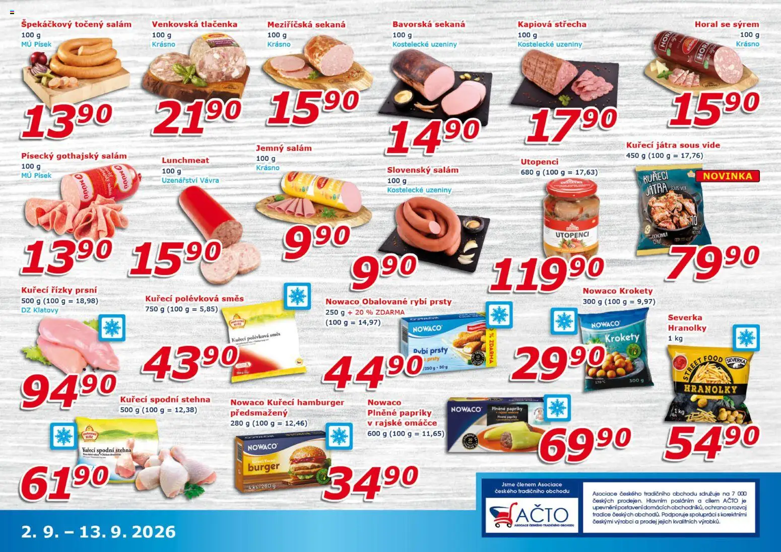 Eso market leták od 02.09.2026 | Strana: 3 | Produkty: Salám, Sekaná, Uzeniny, Kuřecí Játra