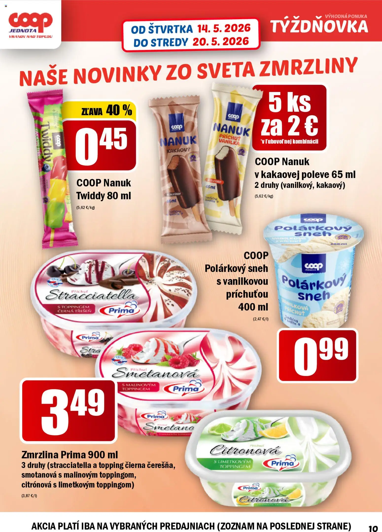Nové COOP Jednota akcie – leták je platný od 14.05.2026 | Strana: 10 | Produkty: Nanuk, Zmrzlina