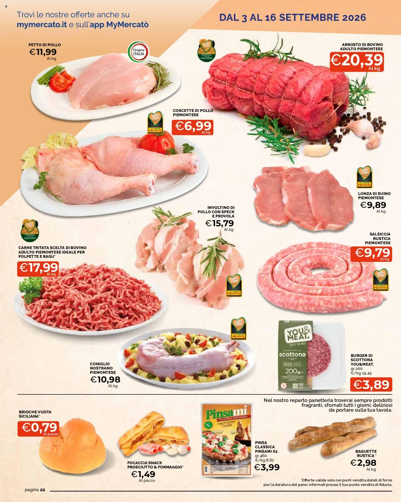 Volantino Mercatò del 03/09/2026 | Pagina: 22 | Prodotti: Prosciutto, Coniglio, Carne, Forno