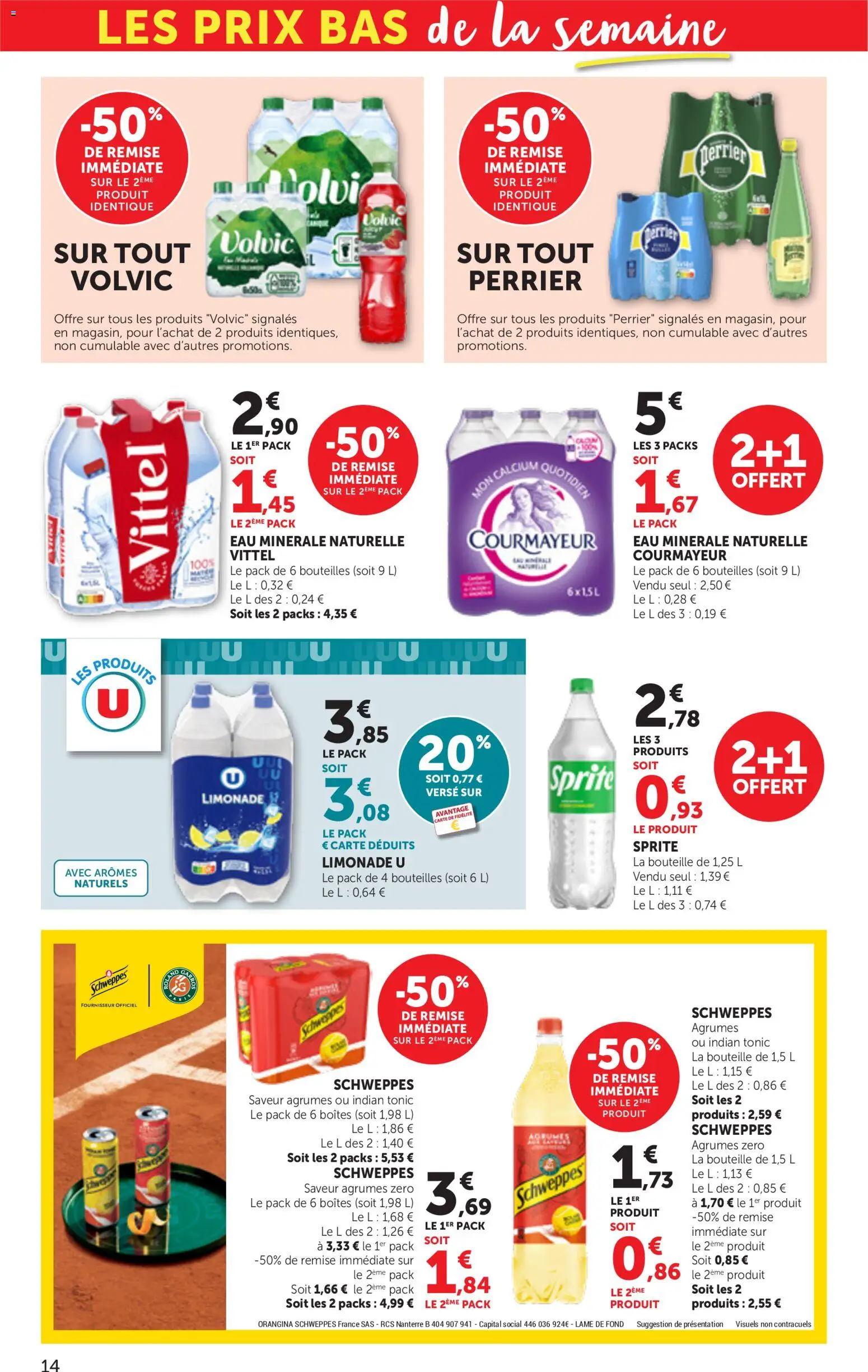 {H1} | Page: 14 | Produits: Orangina, Eau minérale naturelle Courmayeur, Volvic, Limonade